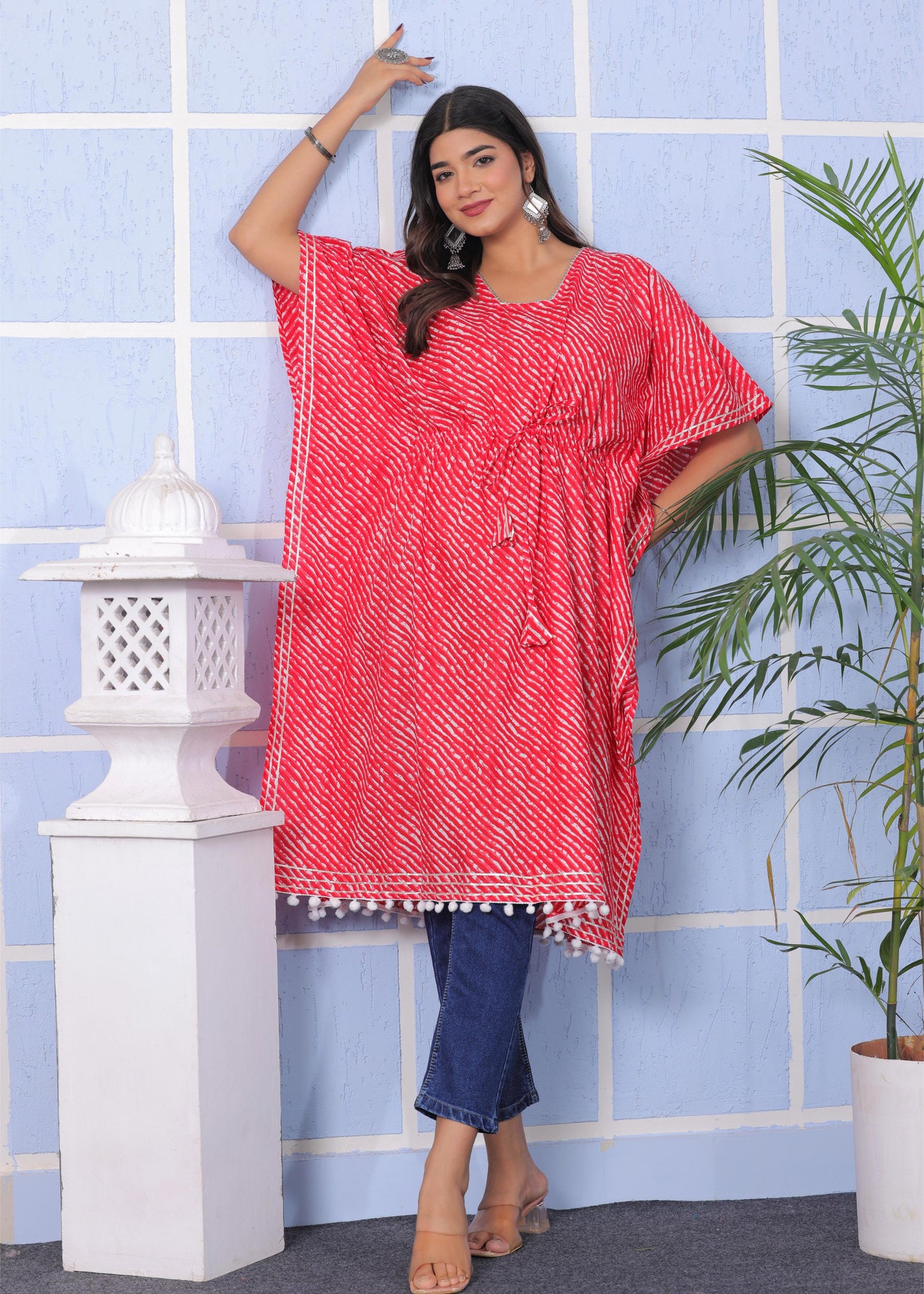 Trendy Red Cotton Kaftan with Pom-Pom Detailing - Available in Multiple Sizes