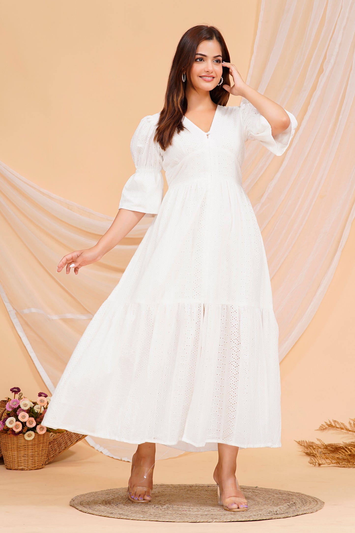 Elegant White Fabric - Rayon Kurta Maxi Dress with Puff Sleeves - Available in Multiple Sizes