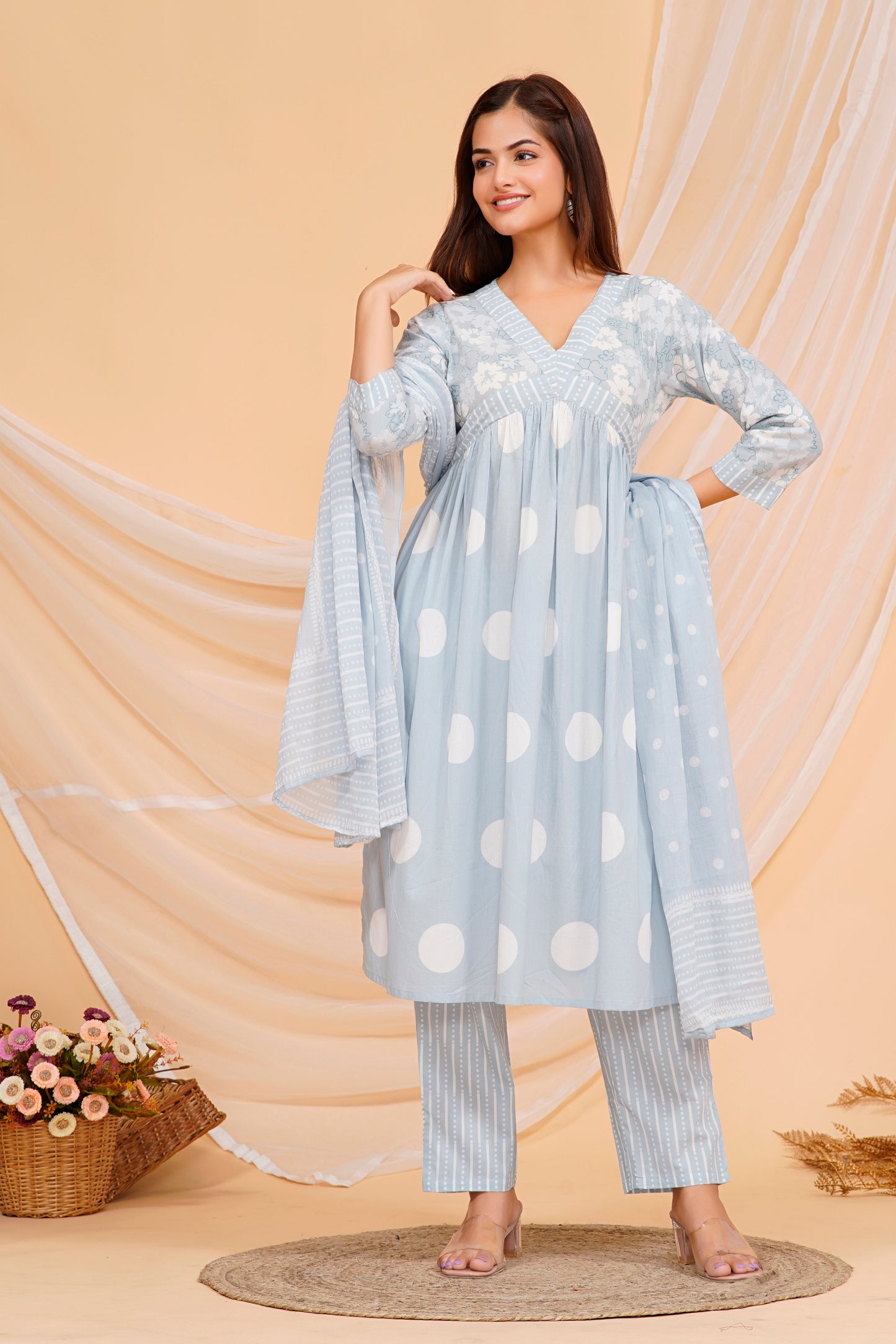 Cotton Kurta Set – Elegant Polka Dot Printed Design with Matching Pants & Dupatta | Sizes M to 3XL