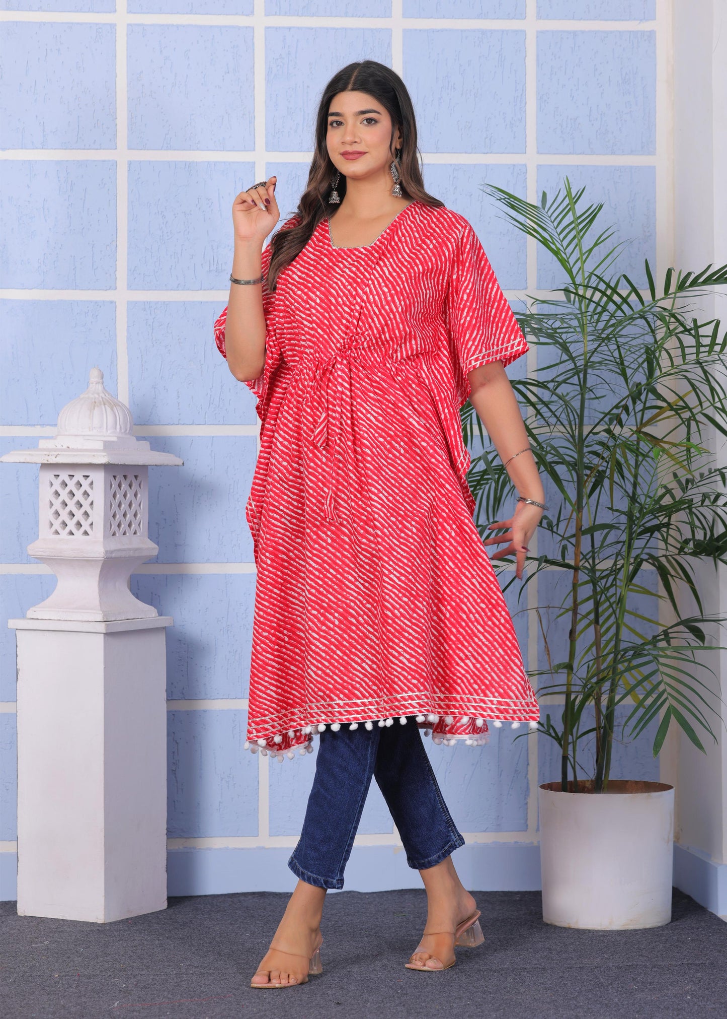 Trendy Red Cotton Kaftan with Pom-Pom Detailing - Available in Multiple Sizes