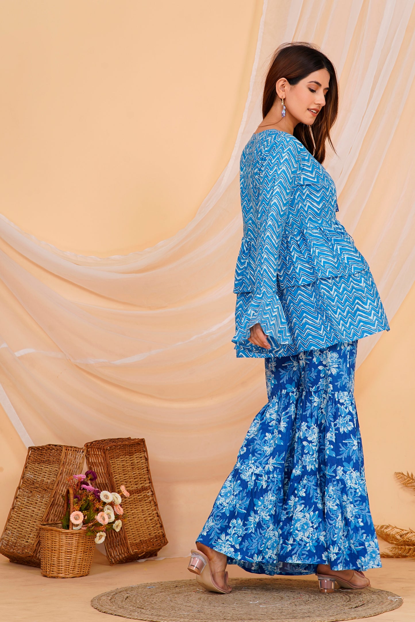 Stylish Blue Floral Cotton Sharara/ Plazzo Set
