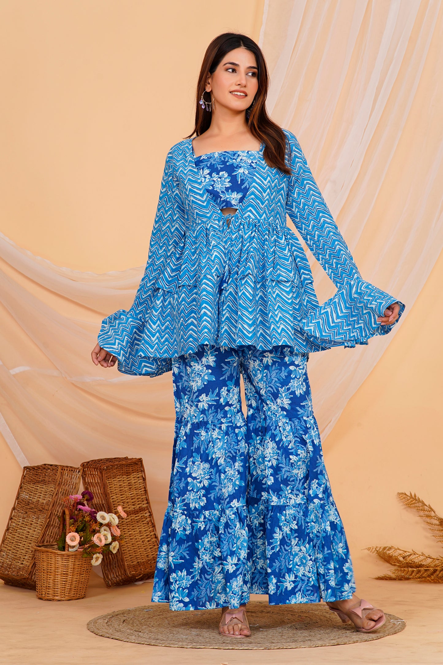 Stylish Blue Floral Cotton Sharara/ Plazzo Set