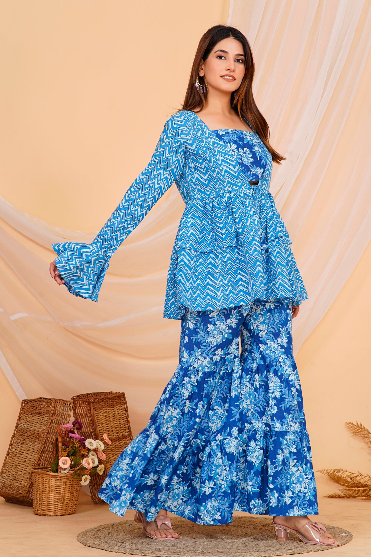 Stylish Blue Floral Cotton Sharara/ Plazzo Set