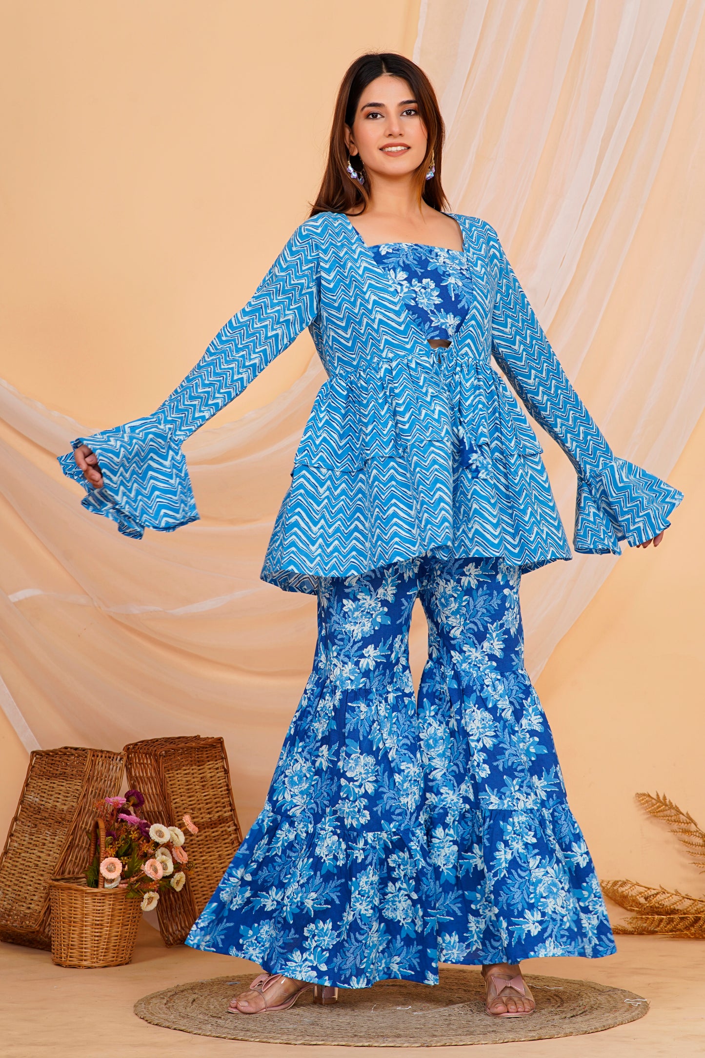 Stylish Blue Floral Cotton Sharara/ Plazzo Set
