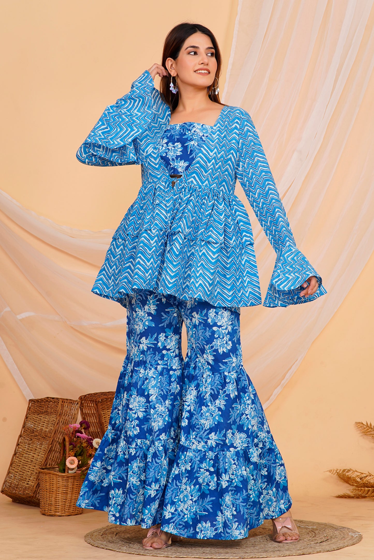 Stylish Blue Floral Cotton Sharara/ Plazzo Set