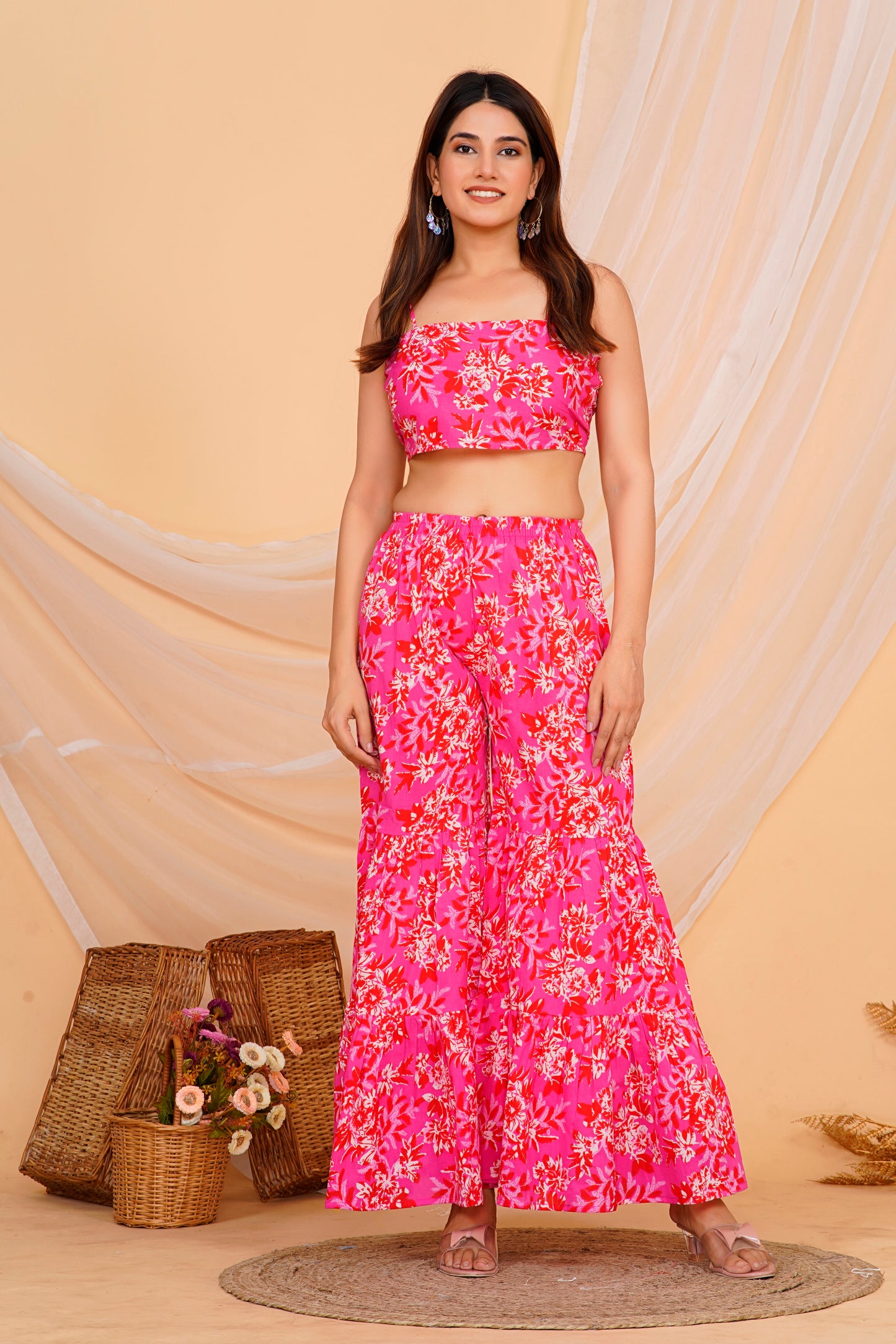 Vibrant Pink Floral Cotton Sharara/ Plazzo Set
