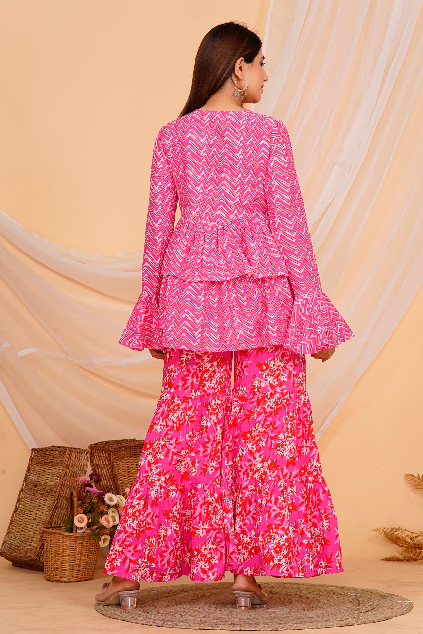 Vibrant Pink Floral Cotton Sharara/ Plazzo Set
