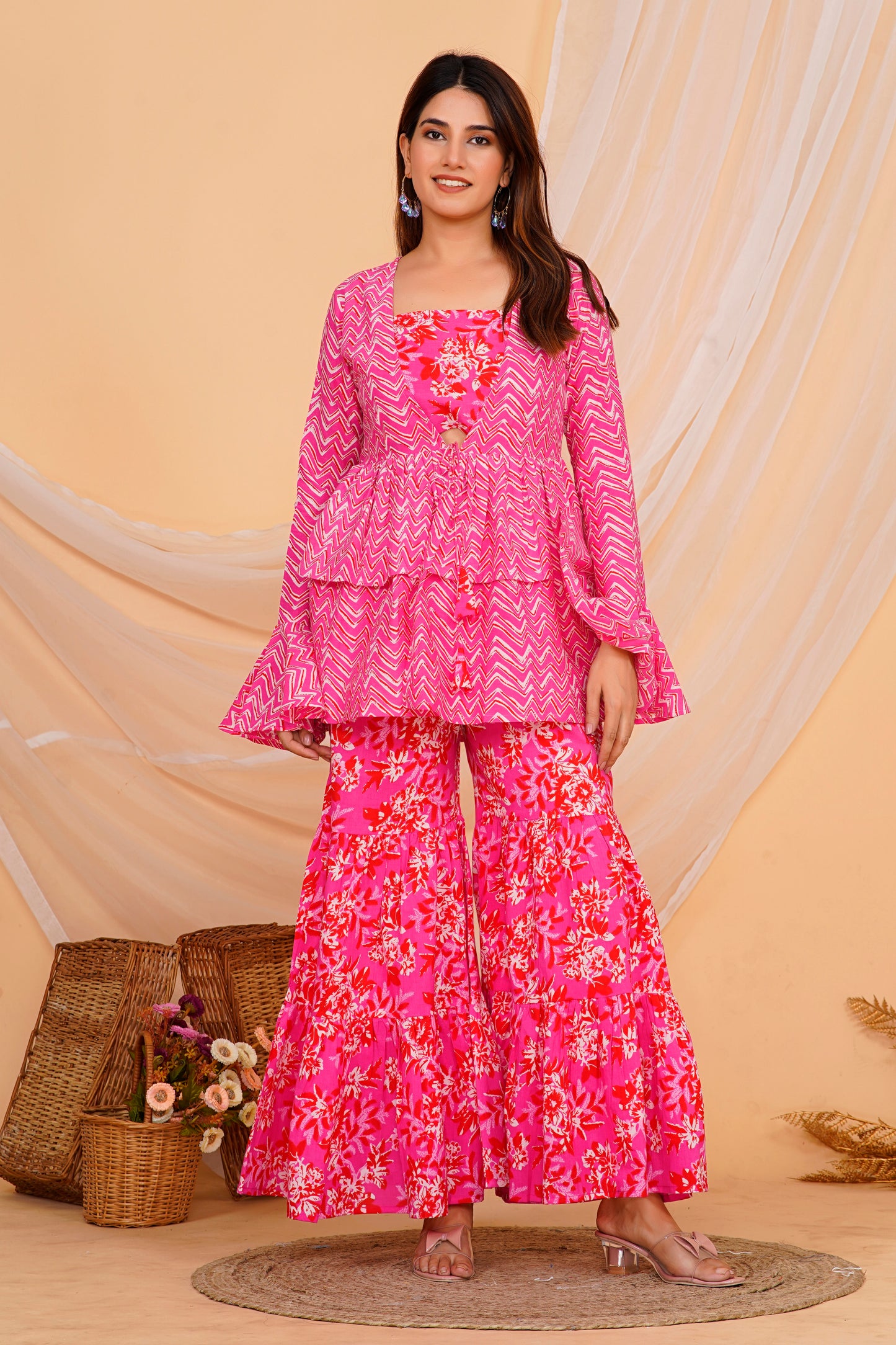 Vibrant Pink Floral Cotton Sharara/ Plazzo Set