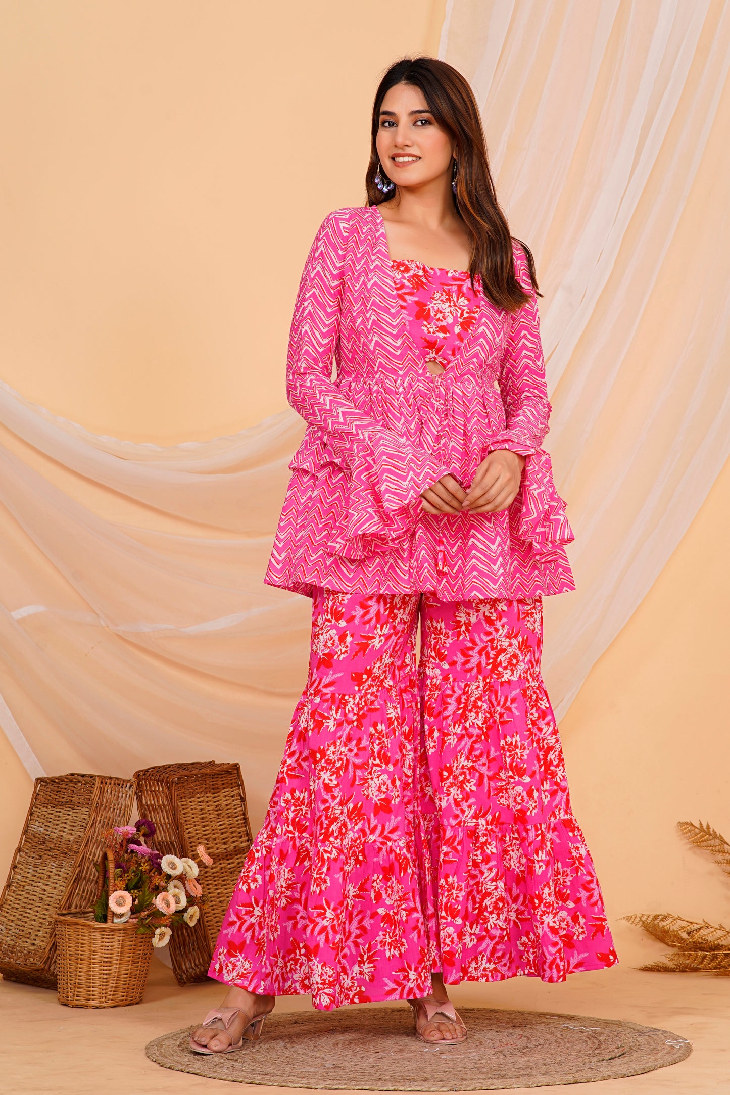 Vibrant Pink Floral Cotton Sharara/ Plazzo Set