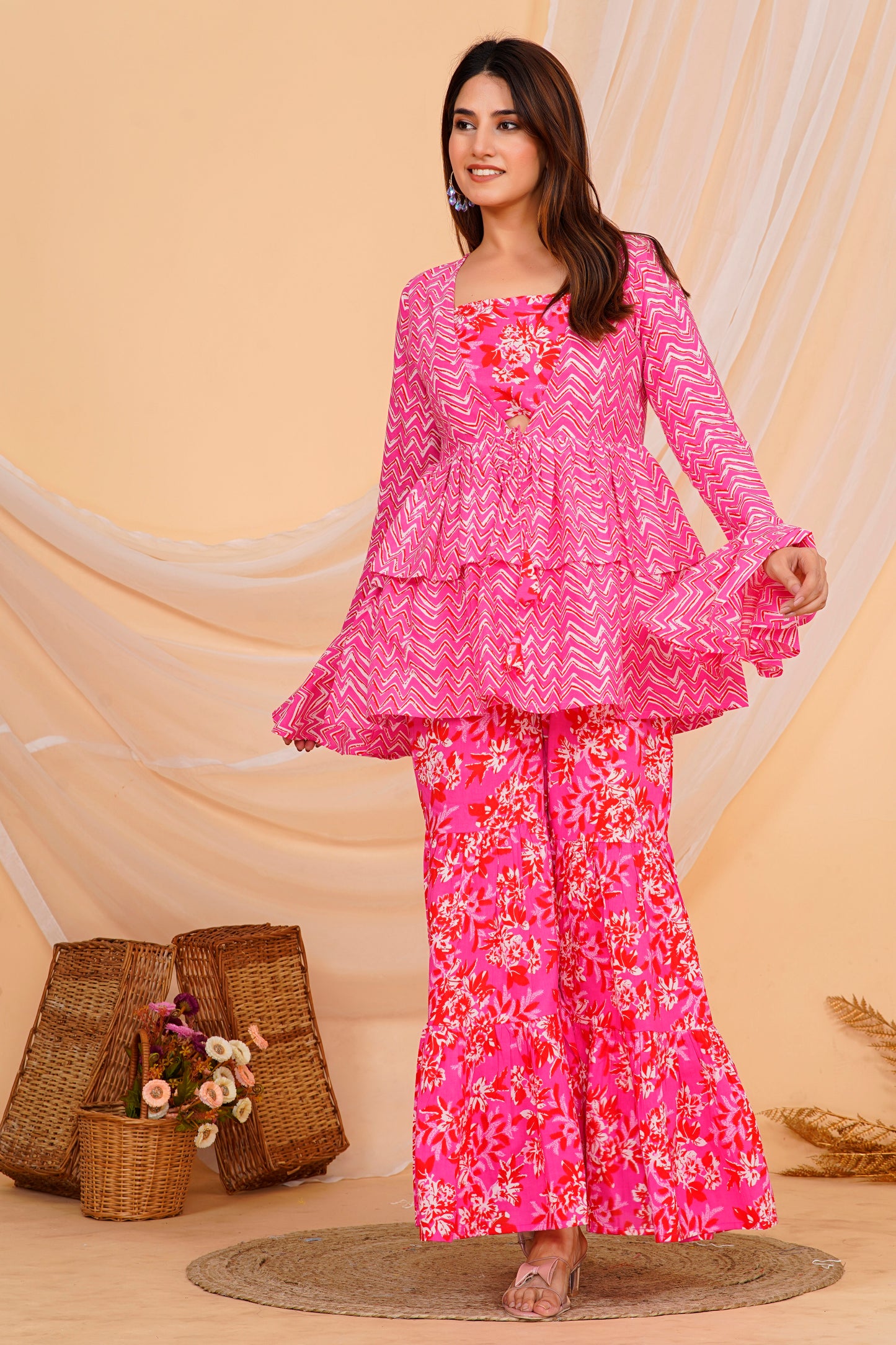 Vibrant Pink Floral Cotton Sharara/ Plazzo Set