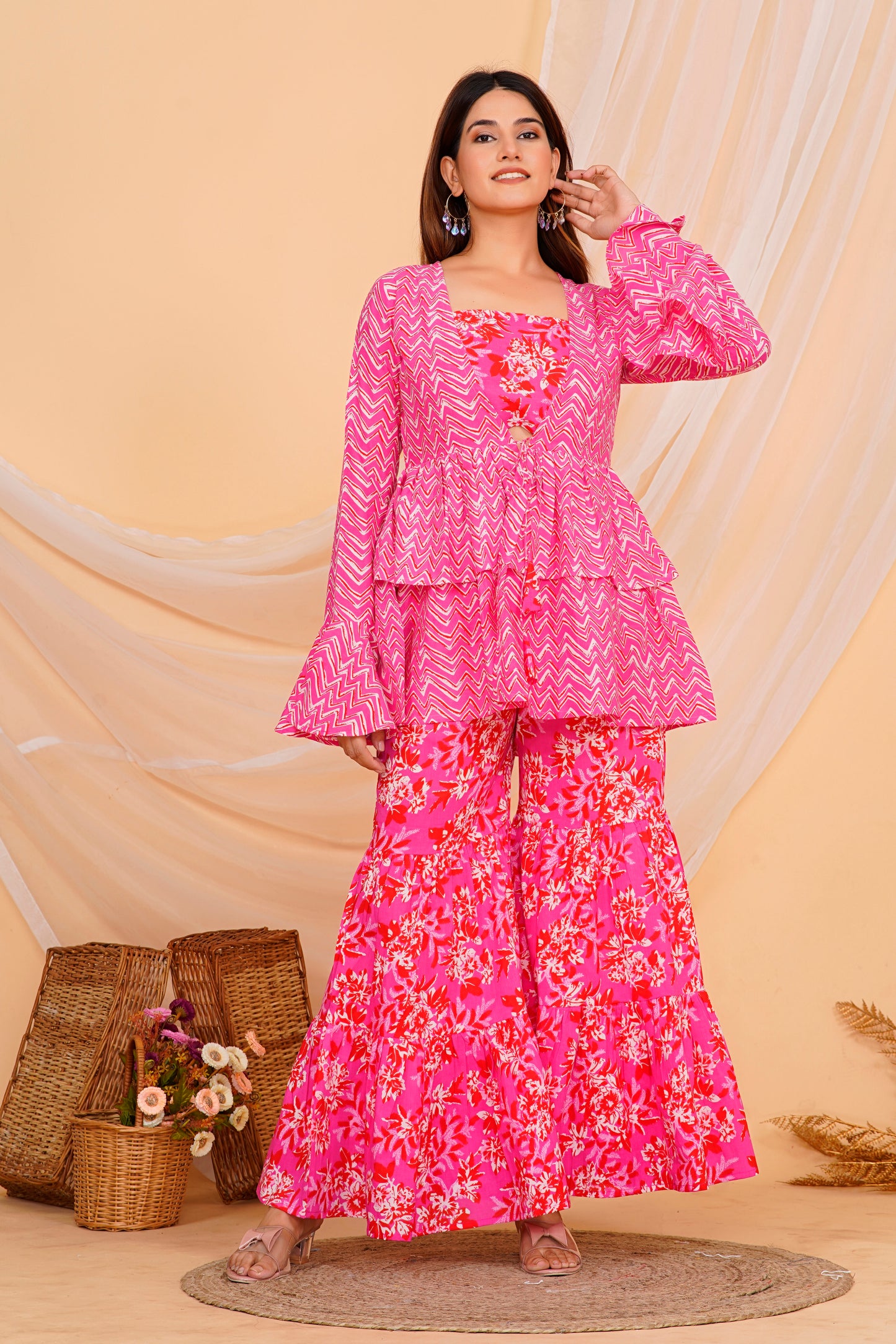 Vibrant Pink Floral Cotton Sharara/ Plazzo Set