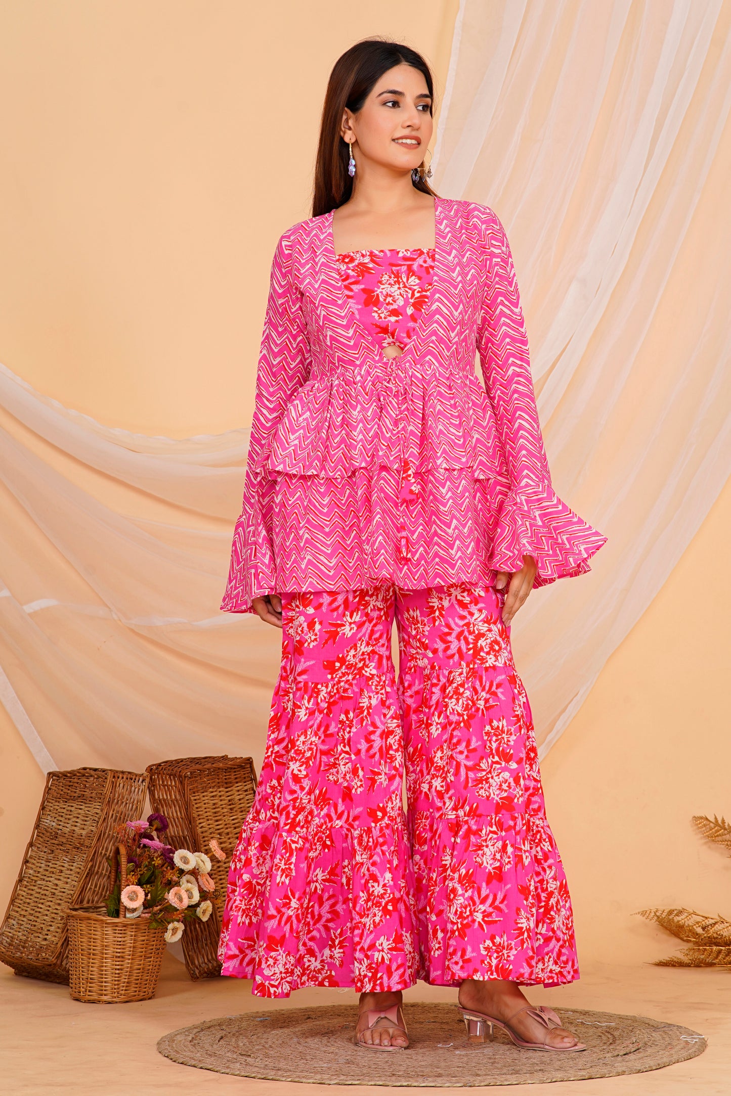 Vibrant Pink Floral Cotton Sharara/ Plazzo Set