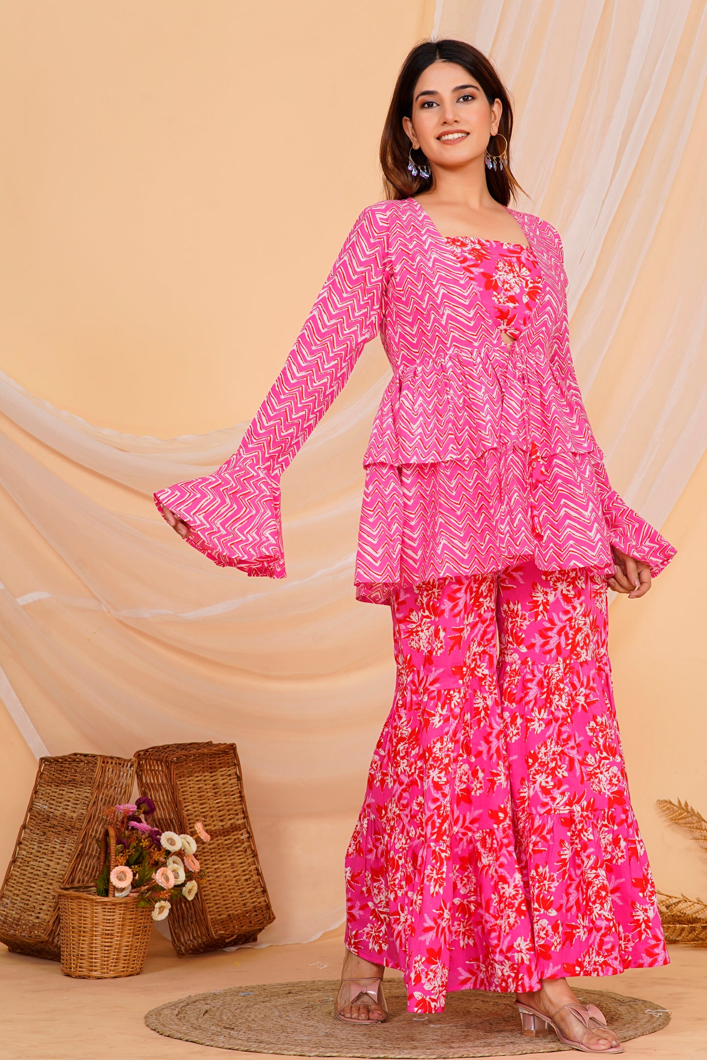 Vibrant Pink Floral Cotton Sharara/ Plazzo Set