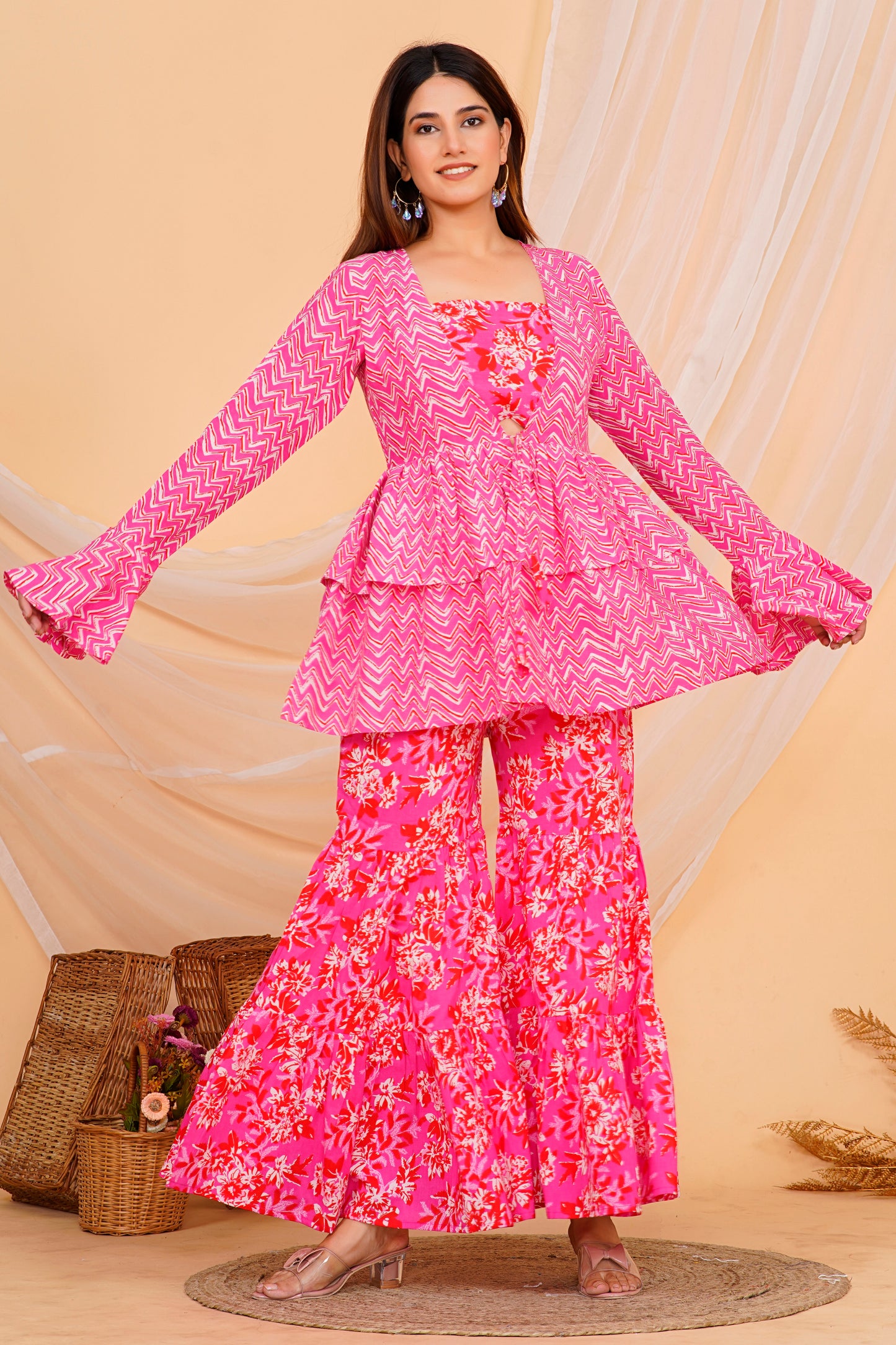 Vibrant Pink Floral Cotton Sharara/ Plazzo Set