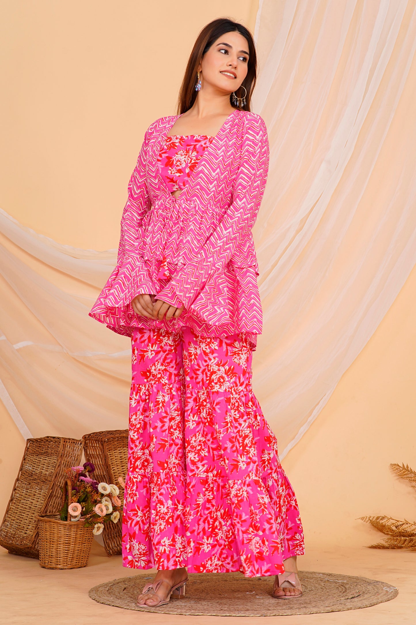 Vibrant Pink Floral Cotton Sharara/ Plazzo Set