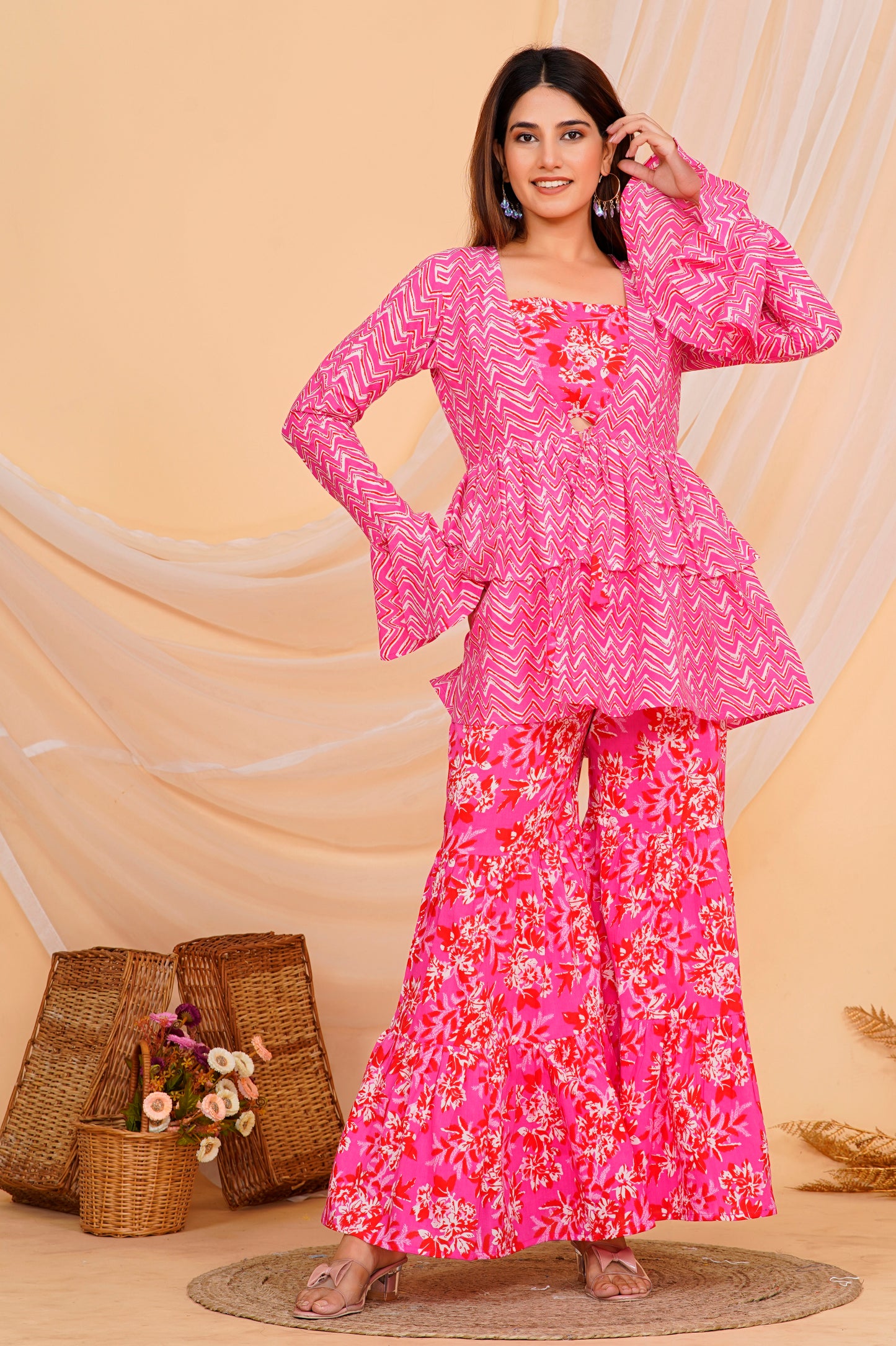 Vibrant Pink Floral Cotton Sharara/ Plazzo Set