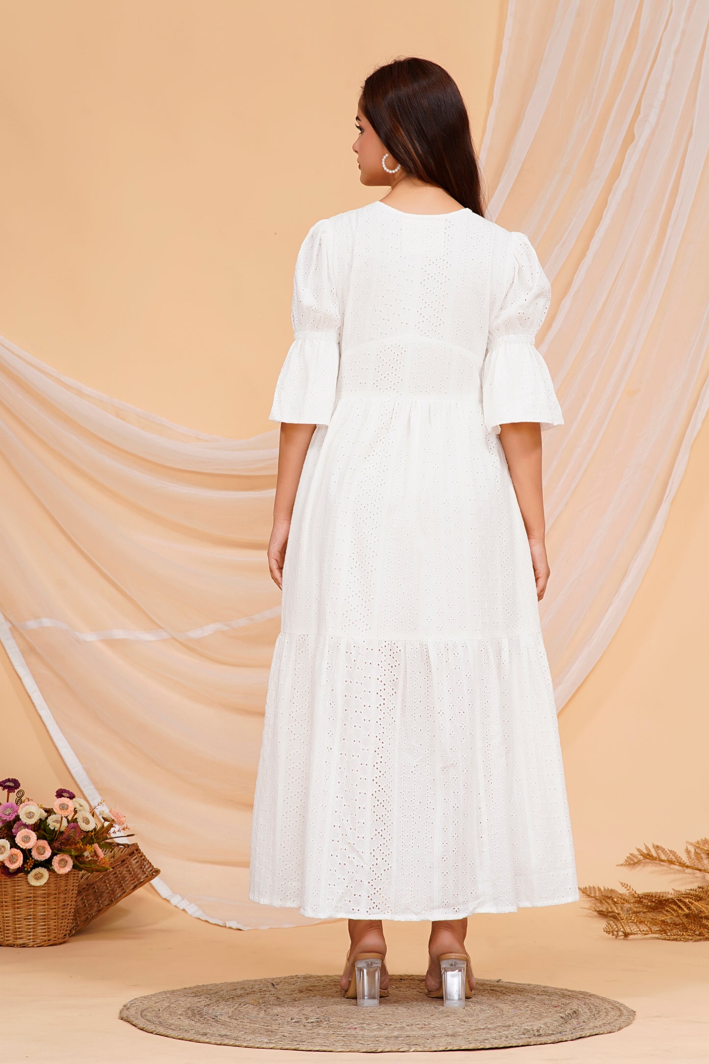 Elegant White Fabric - Rayon Kurta Maxi Dress with Puff Sleeves - Available in Multiple Sizes