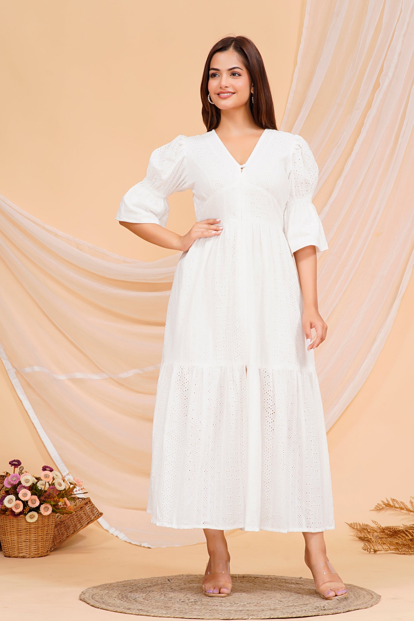 Elegant White Fabric - Rayon Kurta Maxi Dress with Puff Sleeves - Available in Multiple Sizes
