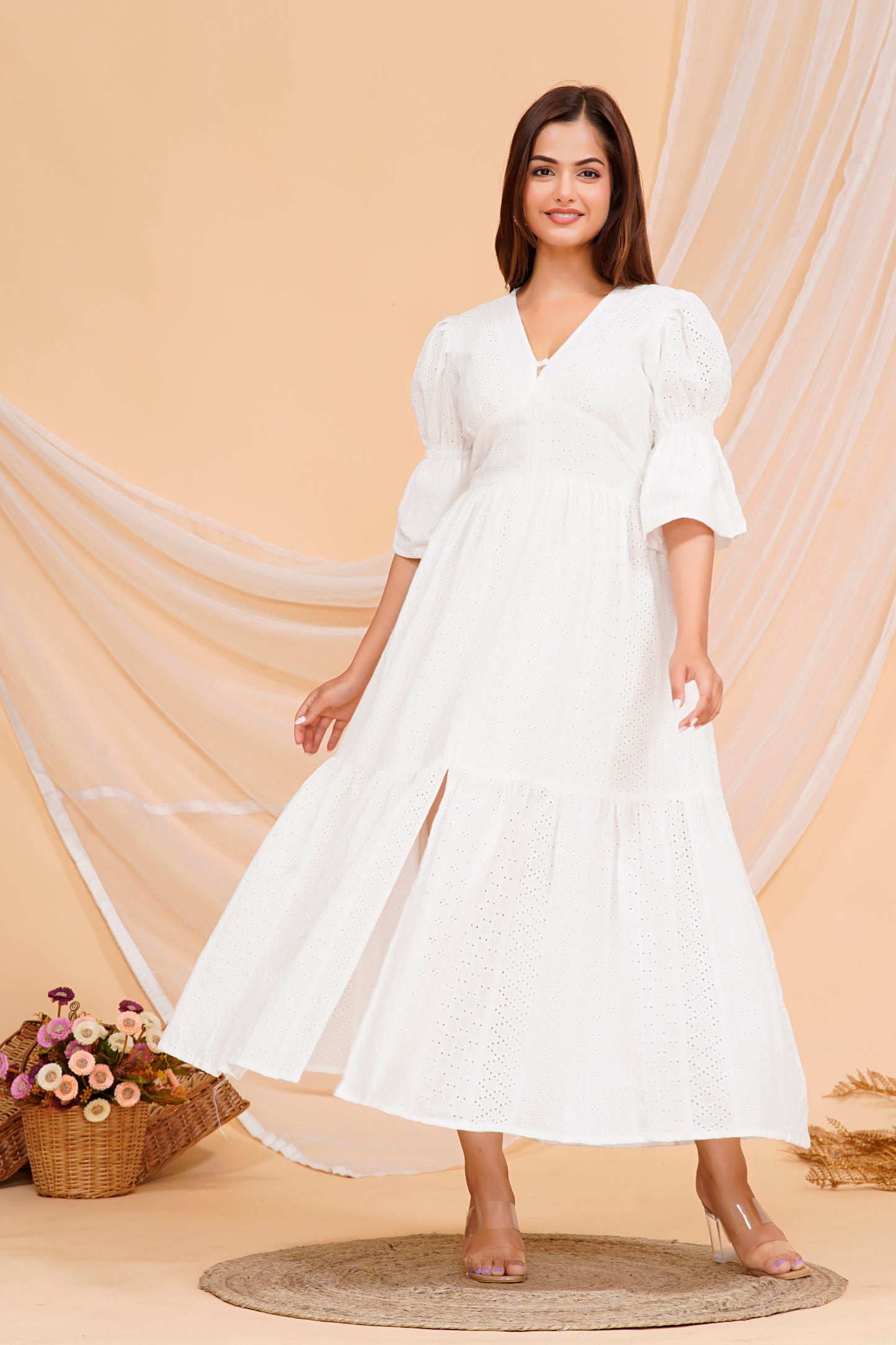 Elegant White Fabric - Rayon Kurta Maxi Dress with Puff Sleeves - Available in Multiple Sizes