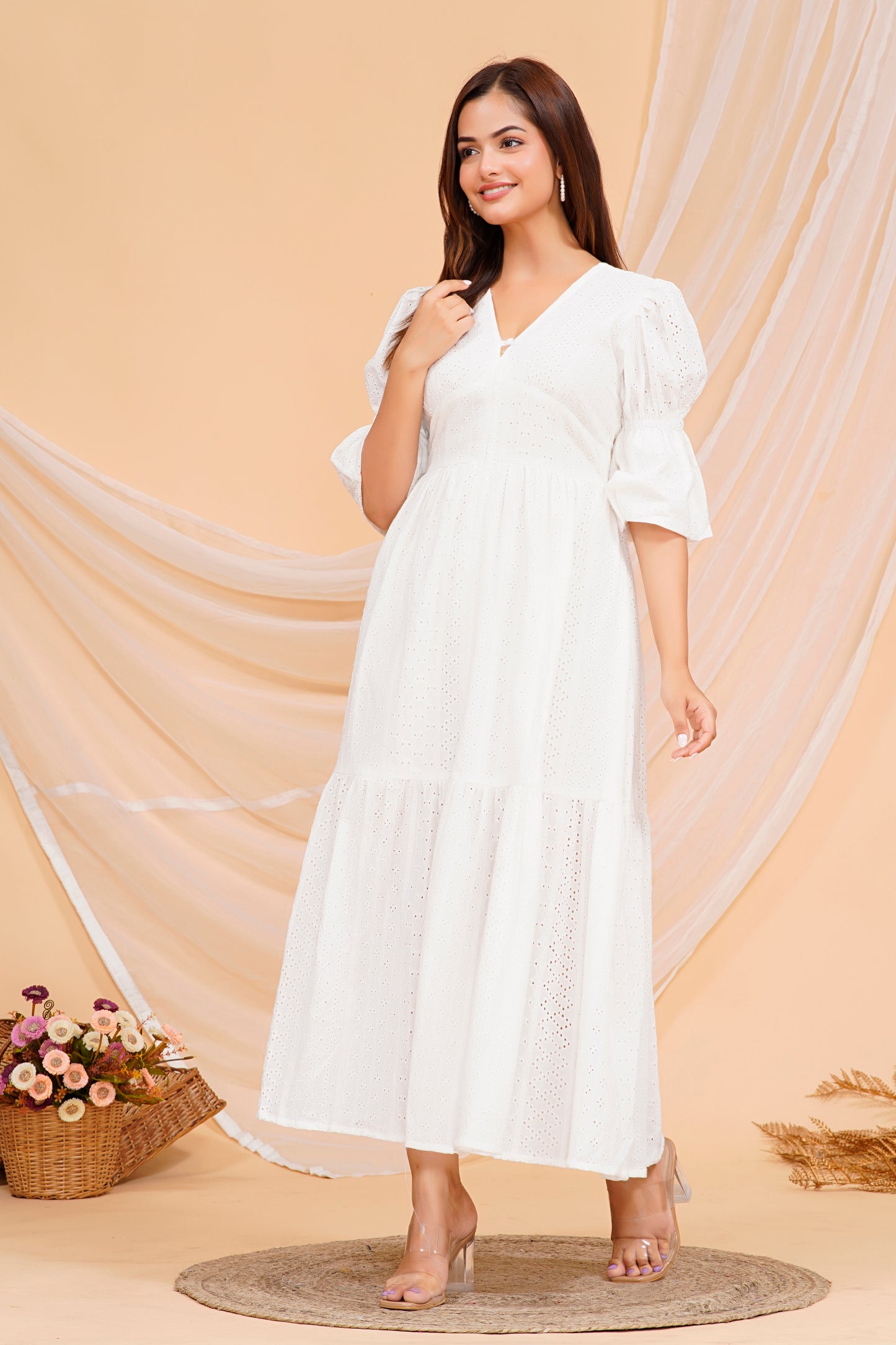Elegant White Fabric - Rayon Kurta Maxi Dress with Puff Sleeves - Available in Multiple Sizes