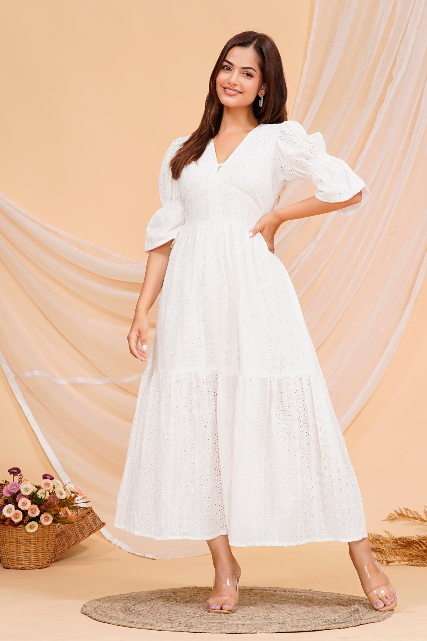Elegant White Fabric - Rayon Kurta Maxi Dress with Puff Sleeves - Available in Multiple Sizes