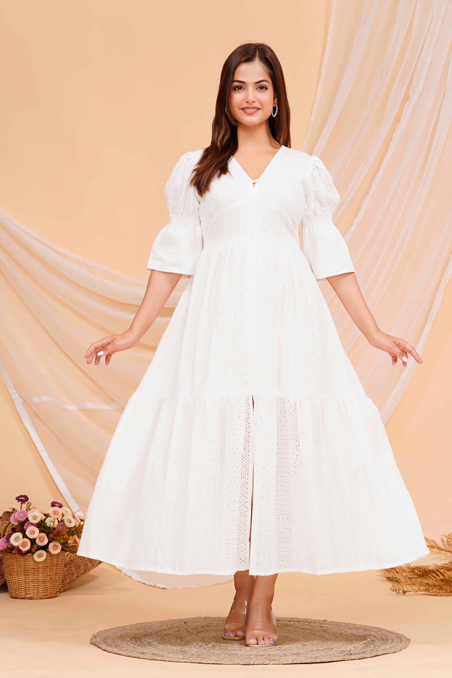 Elegant White Fabric - Rayon Kurta Maxi Dress with Puff Sleeves - Available in Multiple Sizes