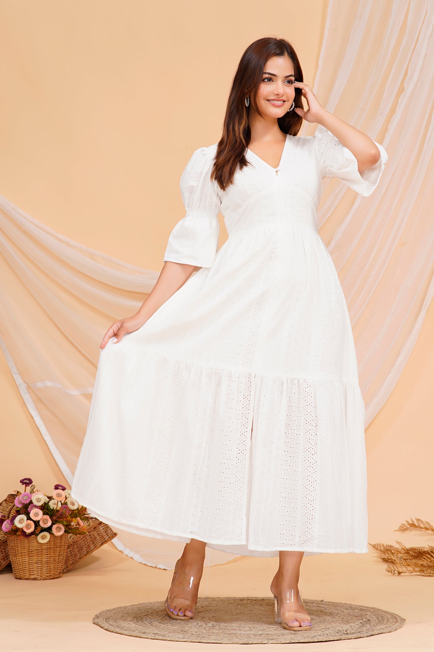 Elegant White Fabric - Rayon Kurta Maxi Dress with Puff Sleeves - Available in Multiple Sizes