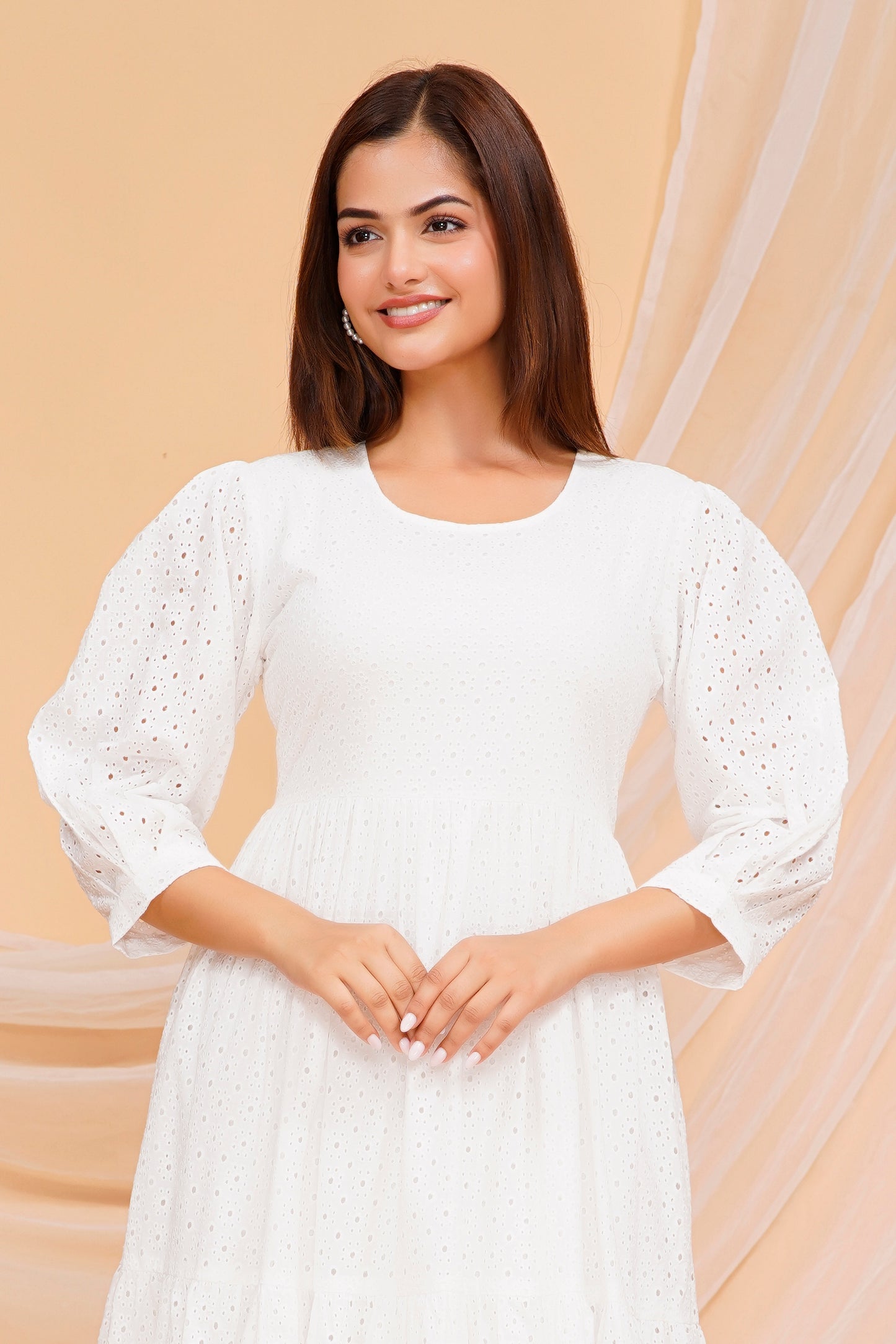 Elegant White Fabric - Rayon Kurta Maxi Dress with Puff Sleeves - Available in Multiple Sizes