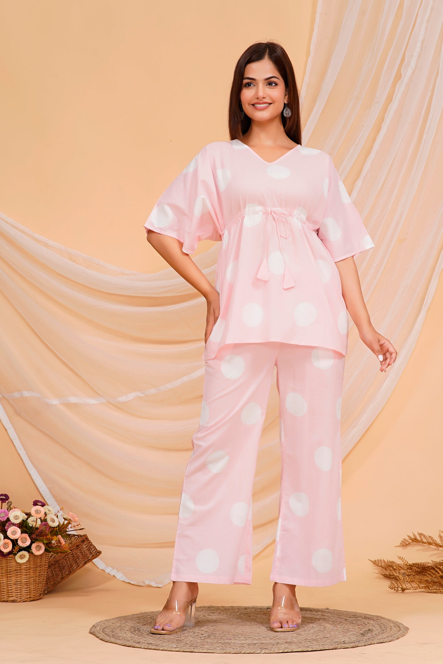 Soft Pink Polka Dot Cotton Kurta Set - Effortless Charm