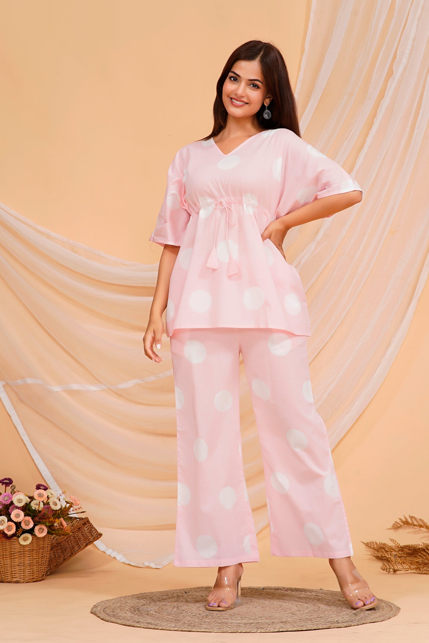 Soft Pink Polka Dot Cotton Kurta Set - Effortless Charm