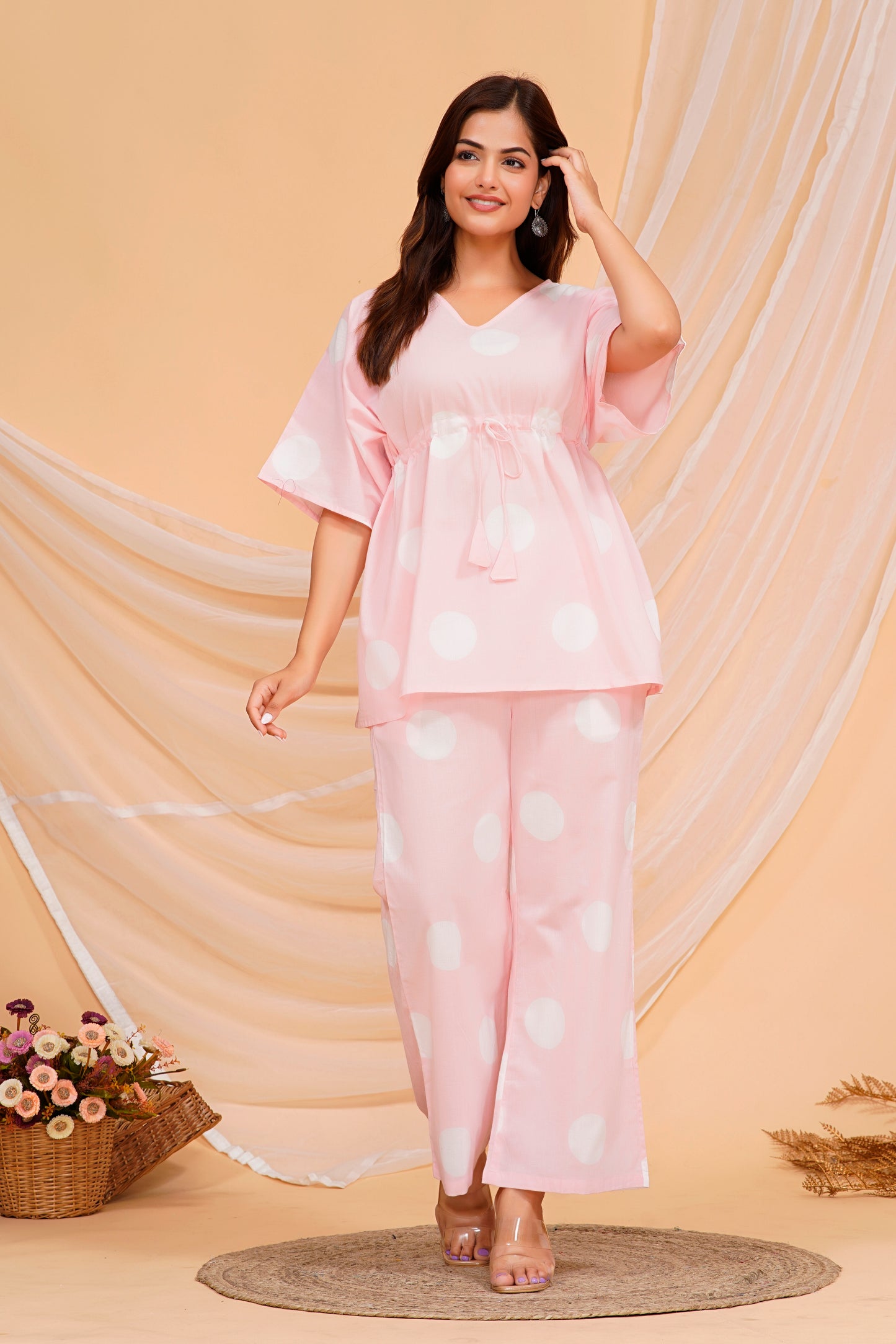 Soft Pink Polka Dot Cotton Kurta Set - Effortless Charm