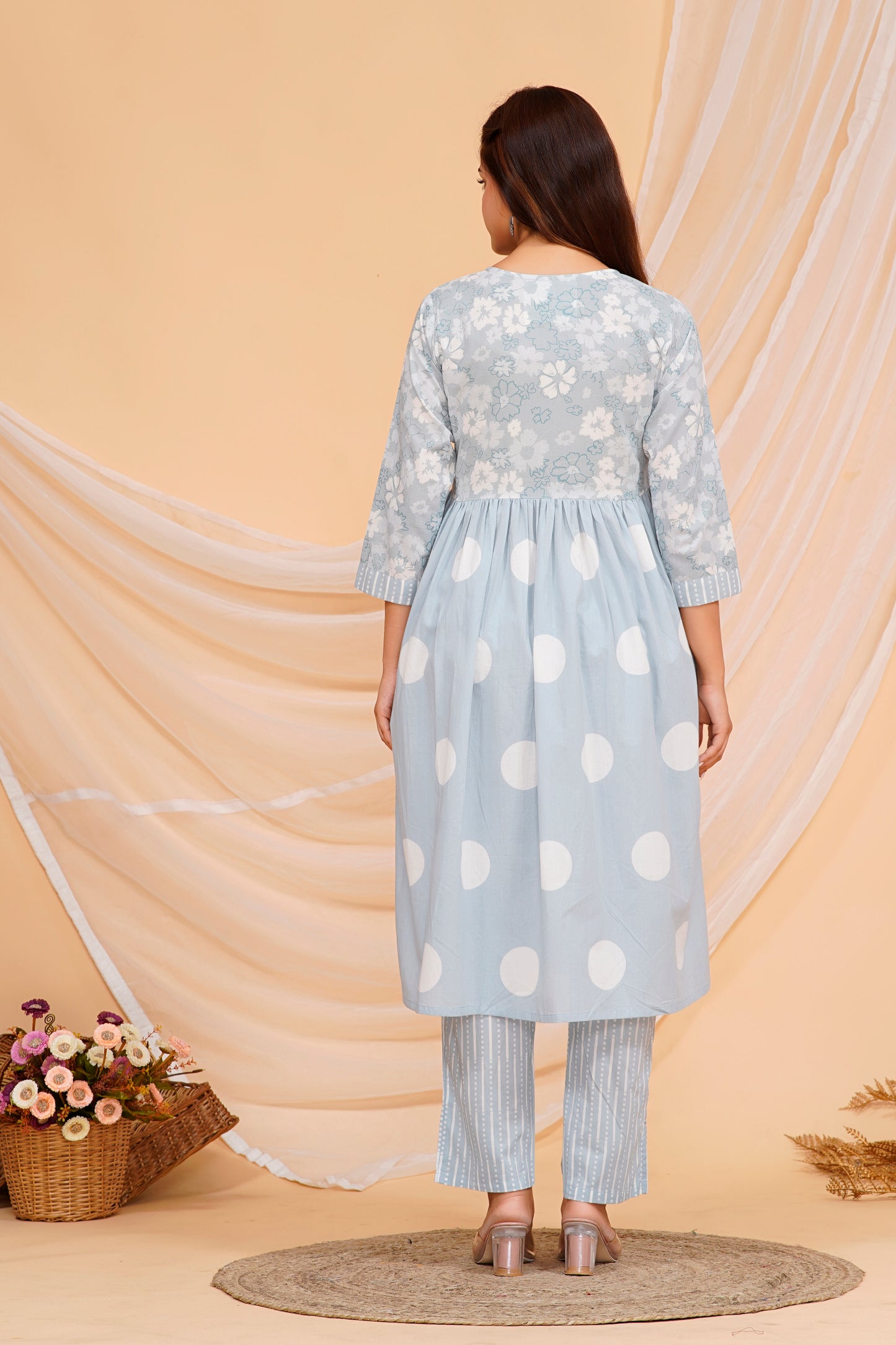 Cotton Kurta Set – Elegant Polka Dot Printed Design with Matching Pants & Dupatta | Sizes M to 3XL