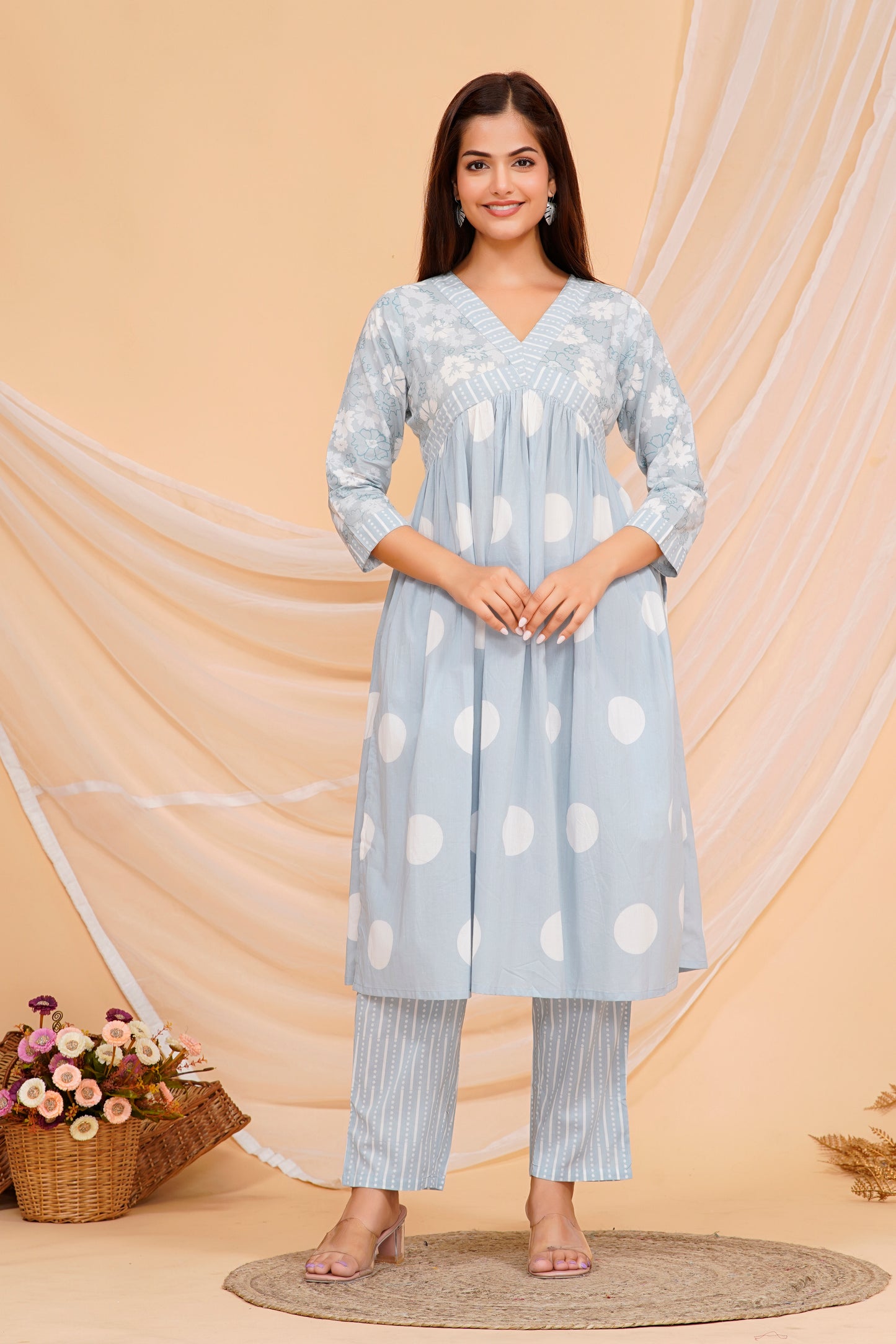 Cotton Kurta Set – Elegant Polka Dot Printed Design with Matching Pants & Dupatta | Sizes M to 3XL