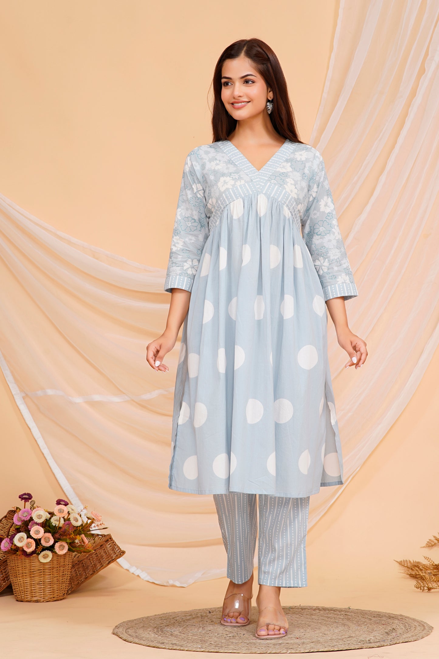 Cotton Kurta Set – Elegant Polka Dot Printed Design with Matching Pants & Dupatta | Sizes M to 3XL
