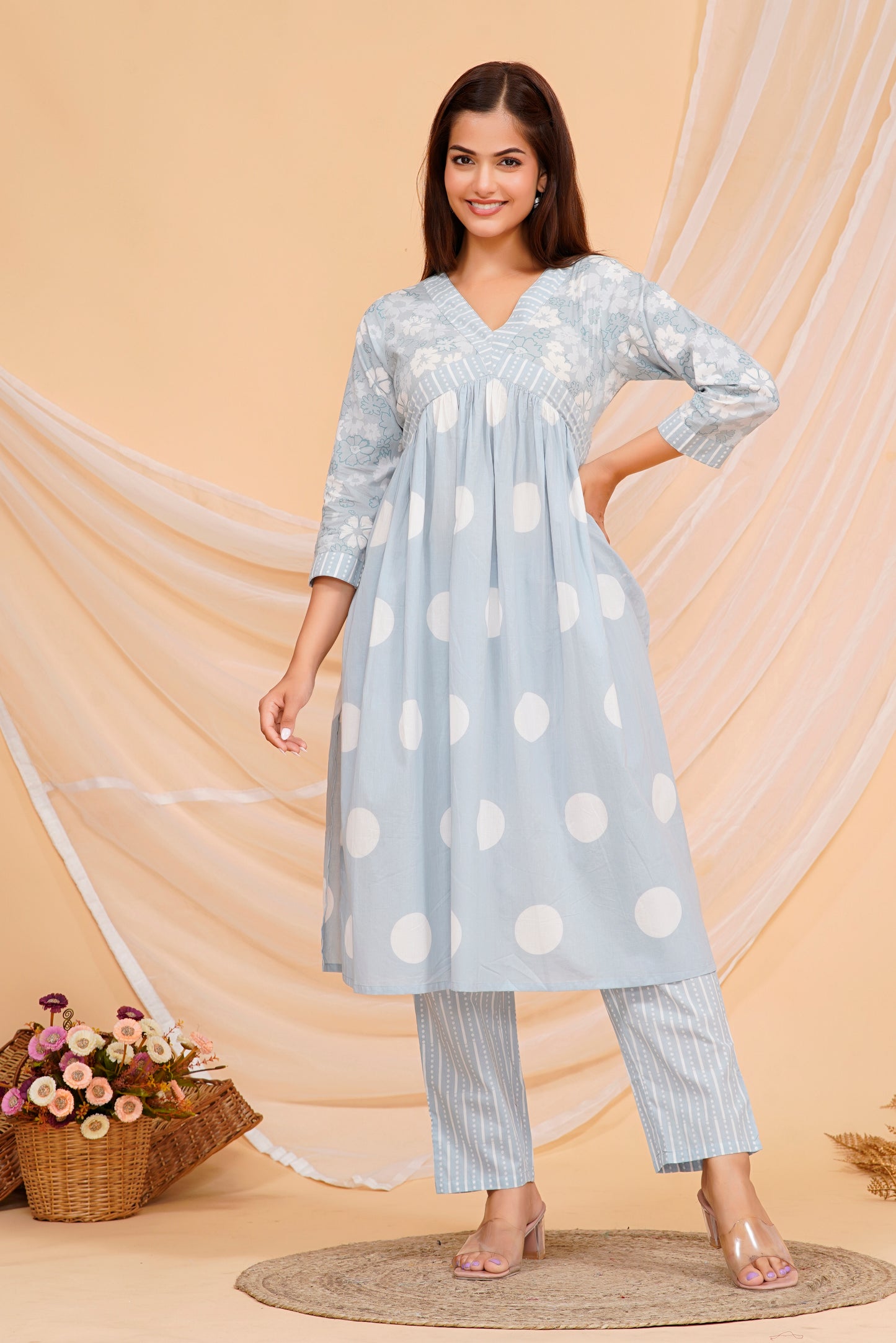 Cotton Kurta Set – Elegant Polka Dot Printed Design with Matching Pants & Dupatta | Sizes M to 3XL