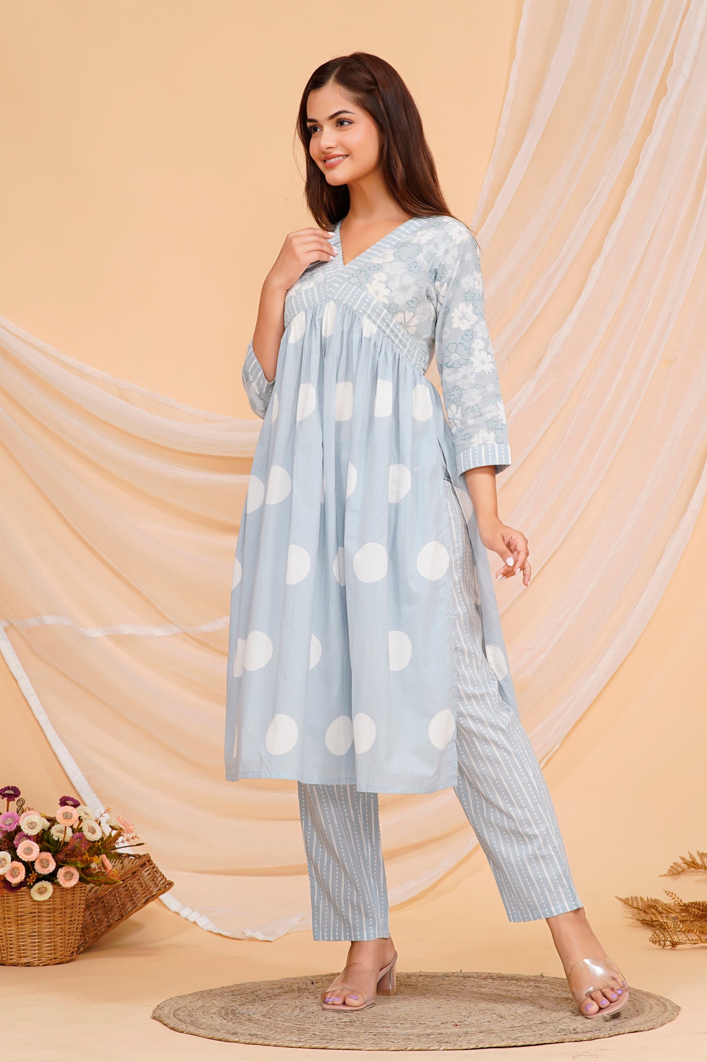 Cotton Kurta Set – Elegant Polka Dot Printed Design with Matching Pants & Dupatta | Sizes M to 3XL