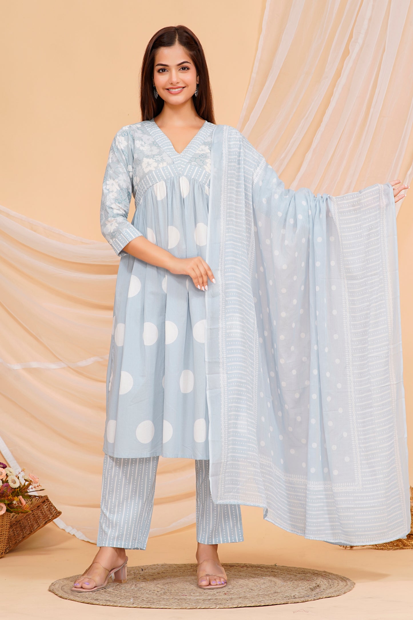 Cotton Kurta Set – Elegant Polka Dot Printed Design with Matching Pants & Dupatta | Sizes M to 3XL