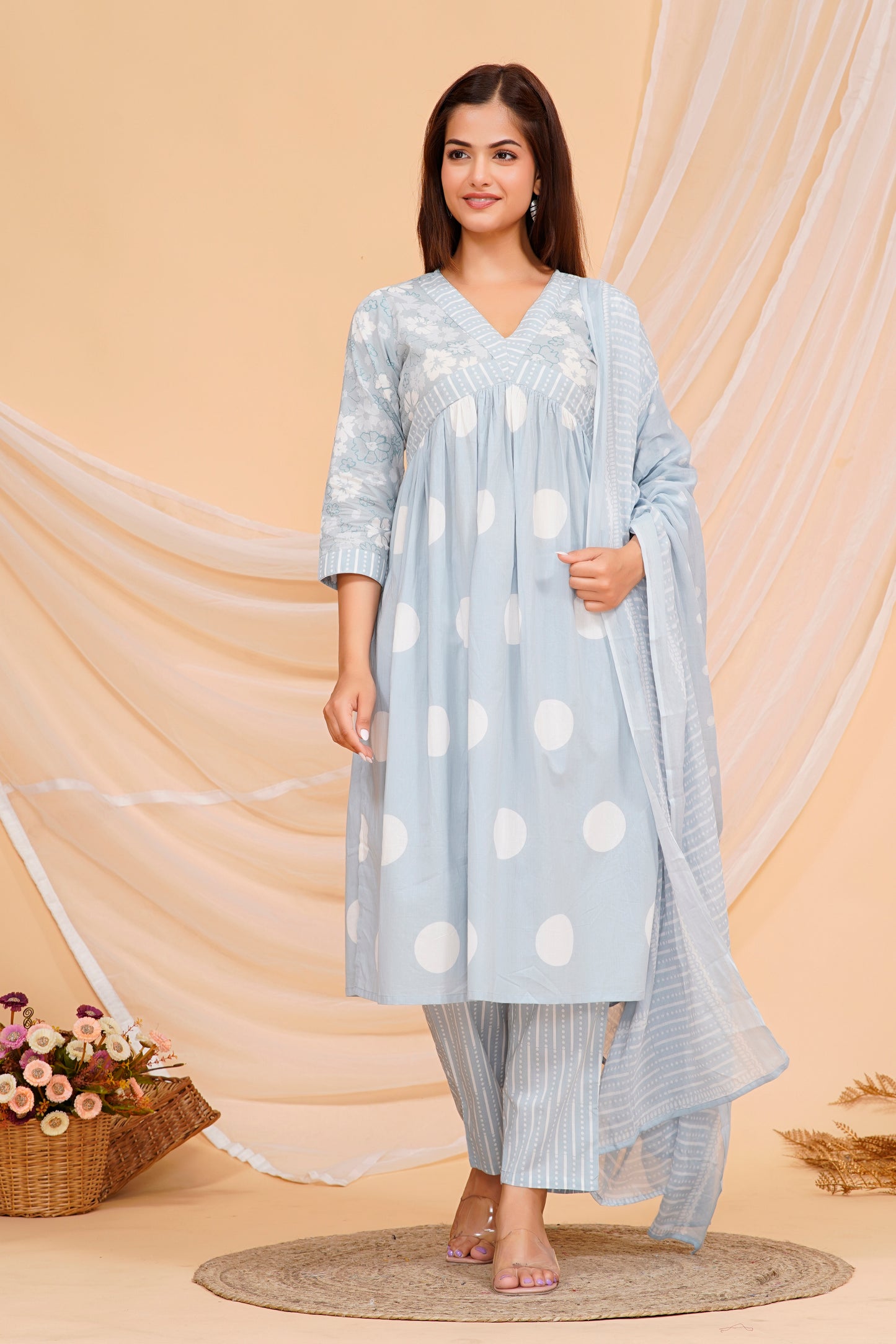 Cotton Kurta Set – Elegant Polka Dot Printed Design with Matching Pants & Dupatta | Sizes M to 3XL