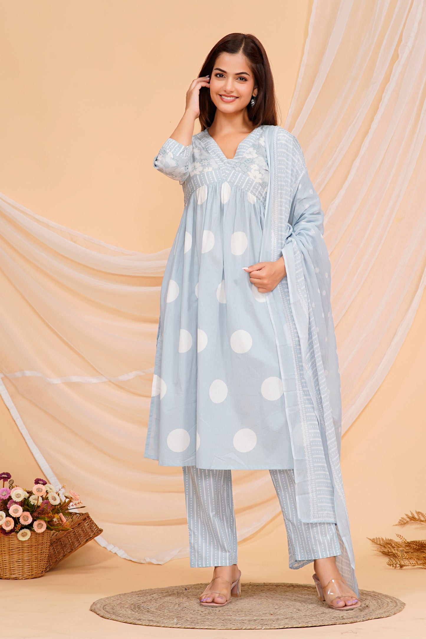 Cotton Kurta Set – Elegant Polka Dot Printed Design with Matching Pants & Dupatta | Sizes M to 3XL
