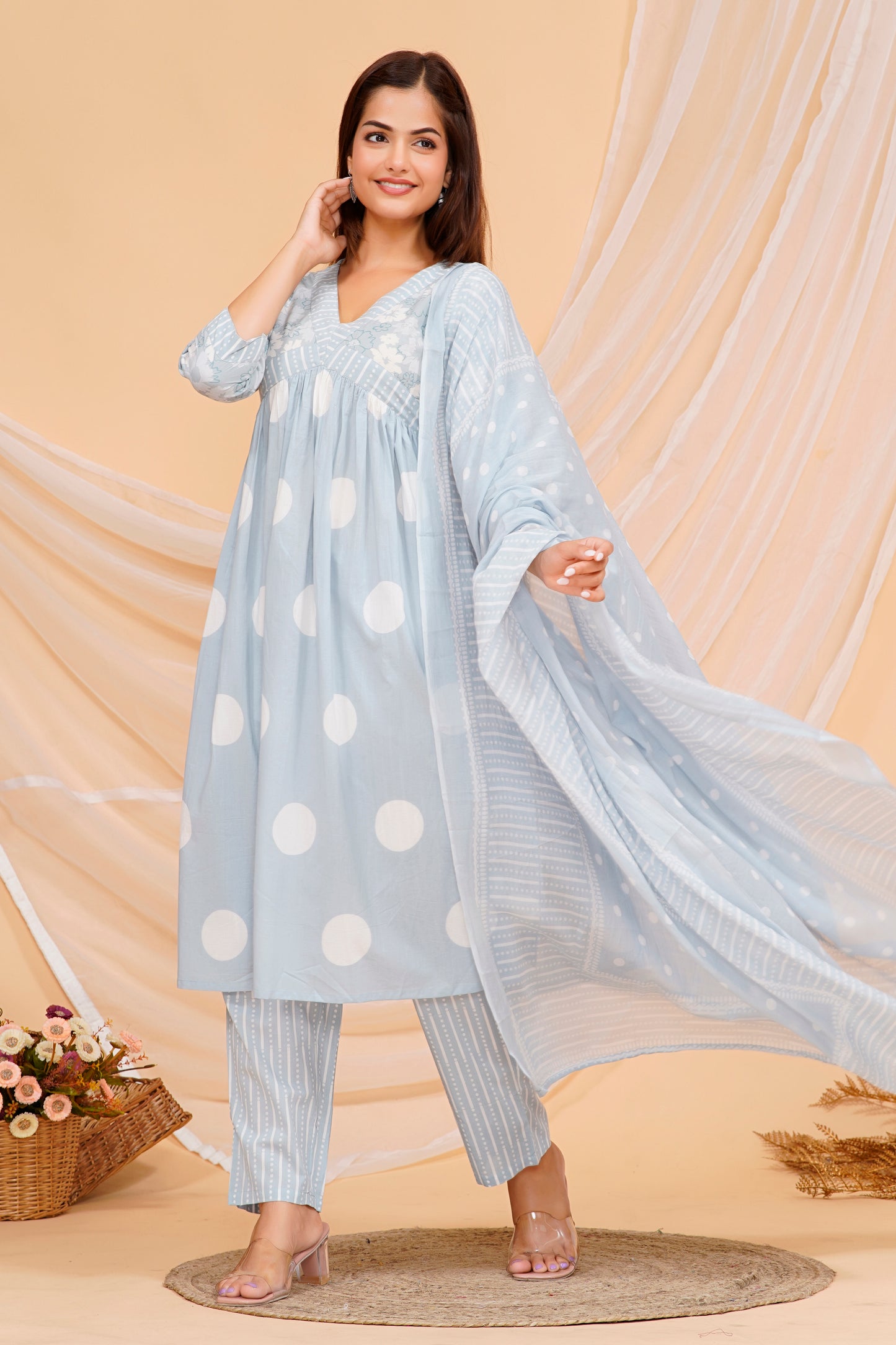 Cotton Kurta Set – Elegant Polka Dot Printed Design with Matching Pants & Dupatta | Sizes M to 3XL