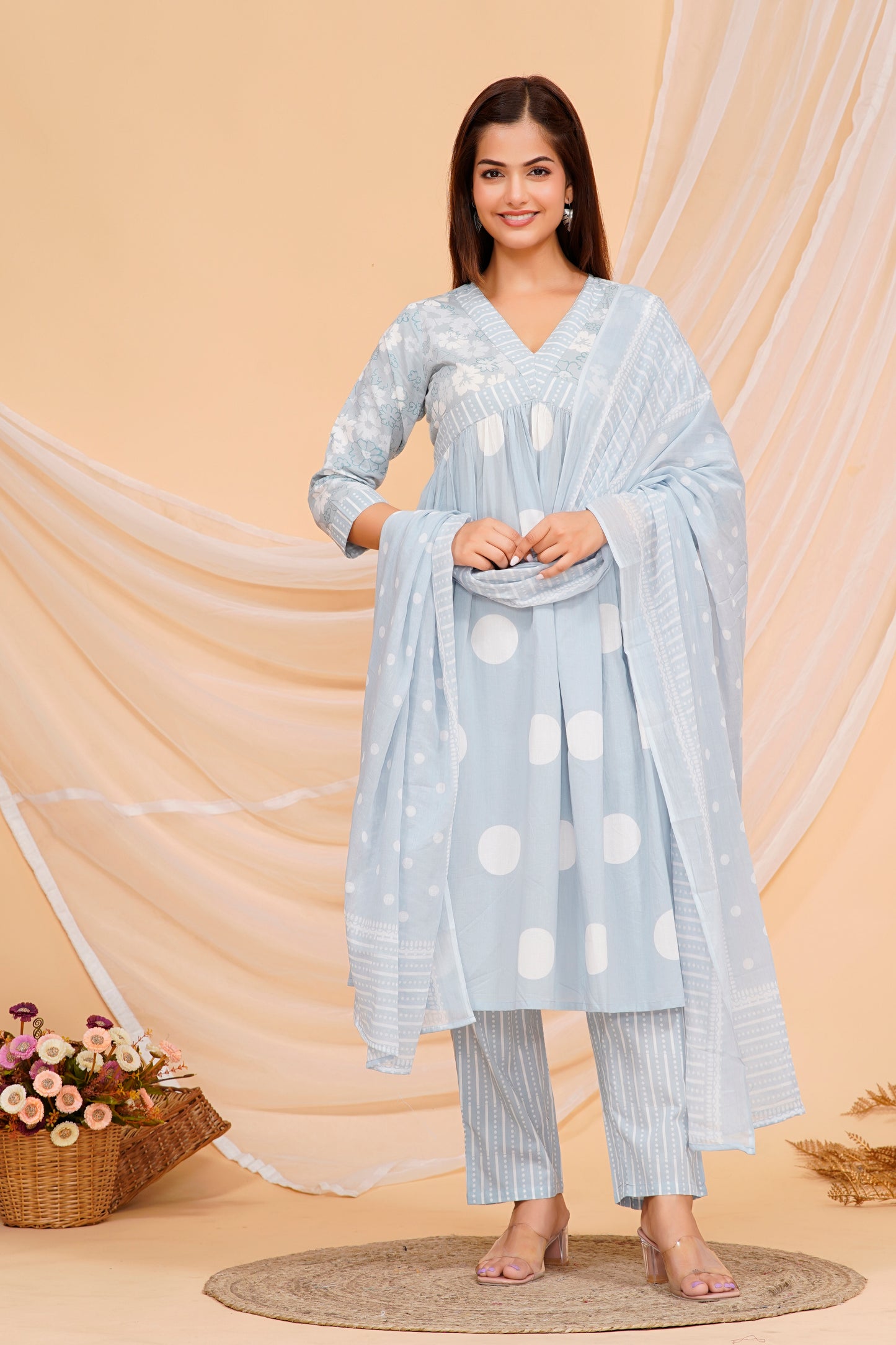 Cotton Kurta Set – Elegant Polka Dot Printed Design with Matching Pants & Dupatta | Sizes M to 3XL