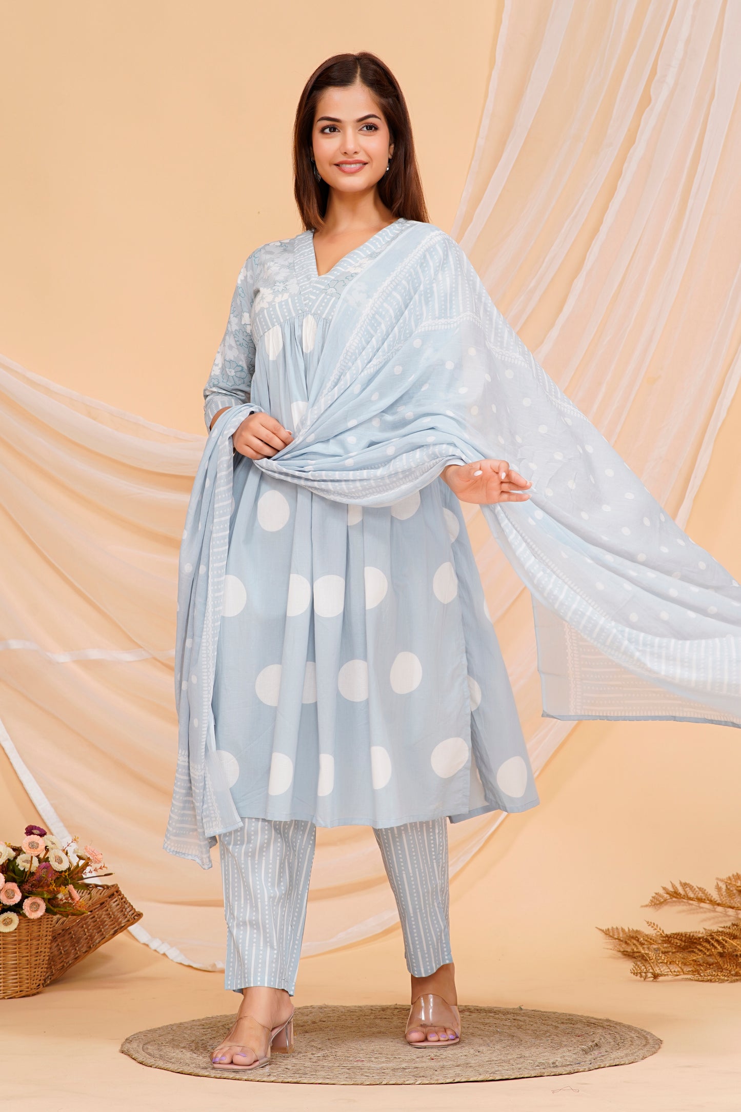 Cotton Kurta Set – Elegant Polka Dot Printed Design with Matching Pants & Dupatta | Sizes M to 3XL