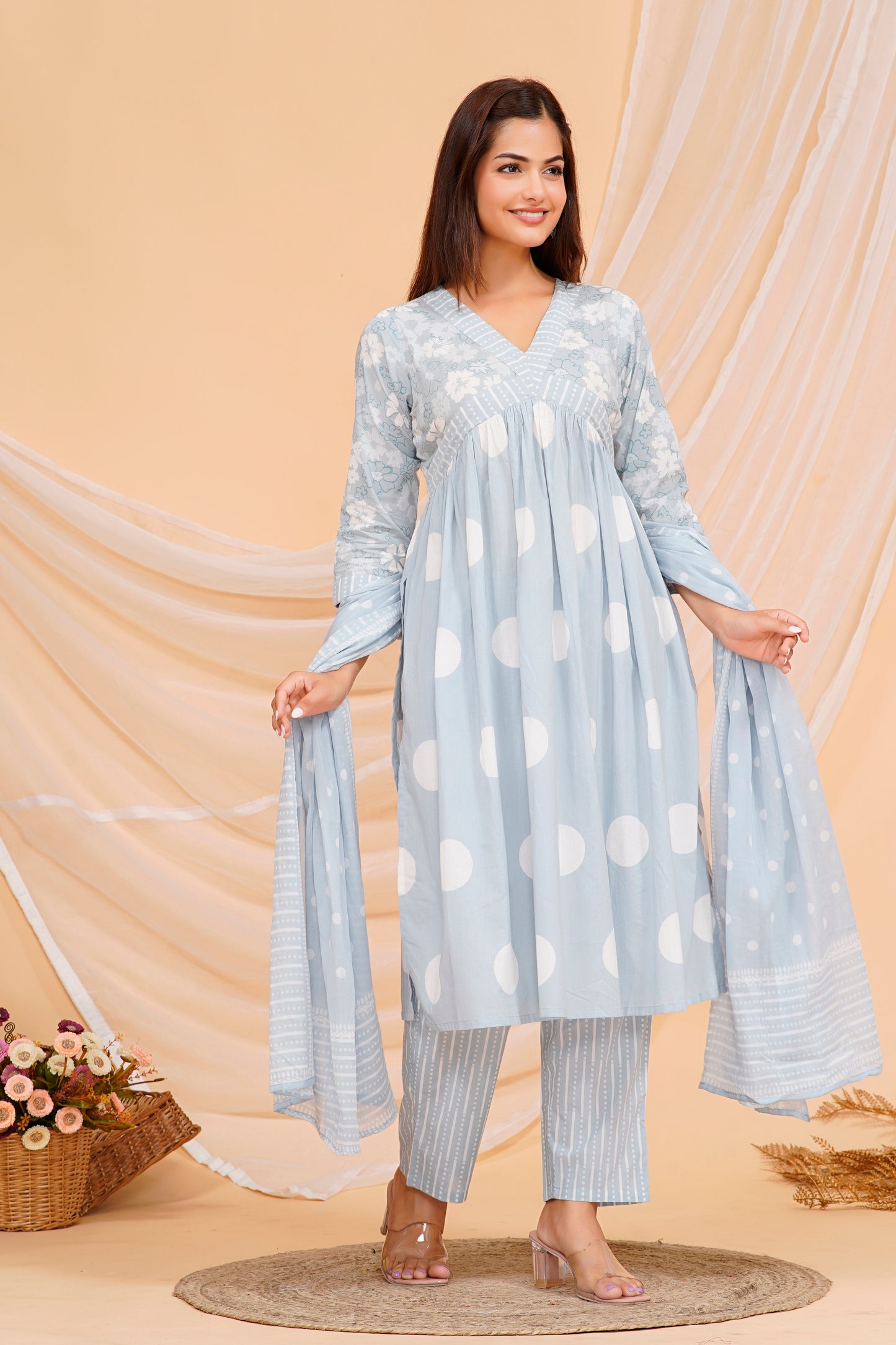 Cotton Kurta Set – Elegant Polka Dot Printed Design with Matching Pants & Dupatta | Sizes M to 3XL