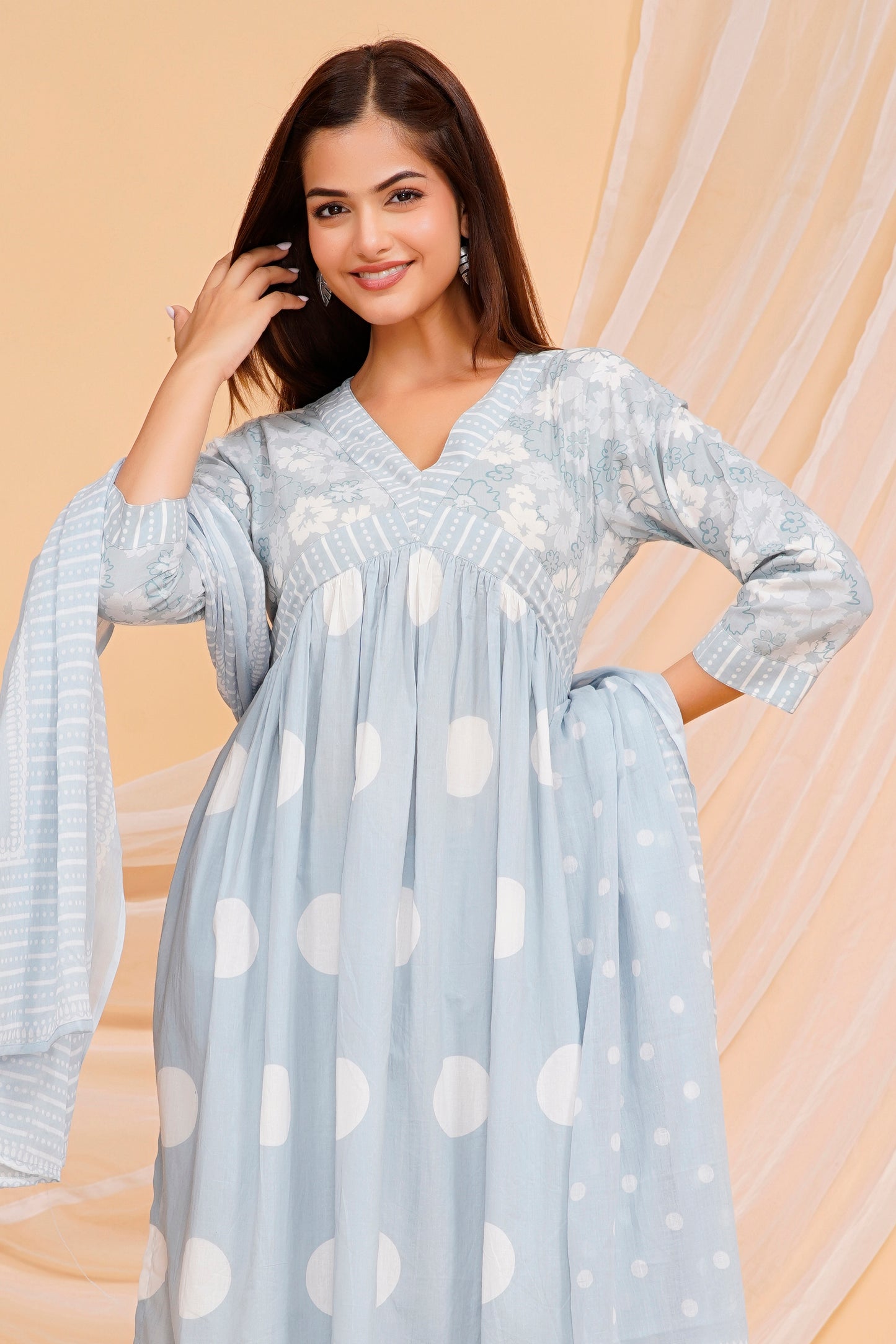 Cotton Kurta Set – Elegant Polka Dot Printed Design with Matching Pants & Dupatta | Sizes M to 3XL