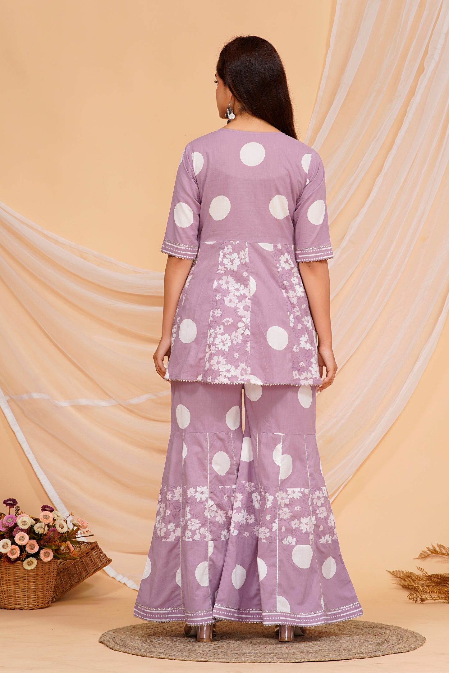 Elegant Purple Cotton Kurta Set with Playful Polka Dots