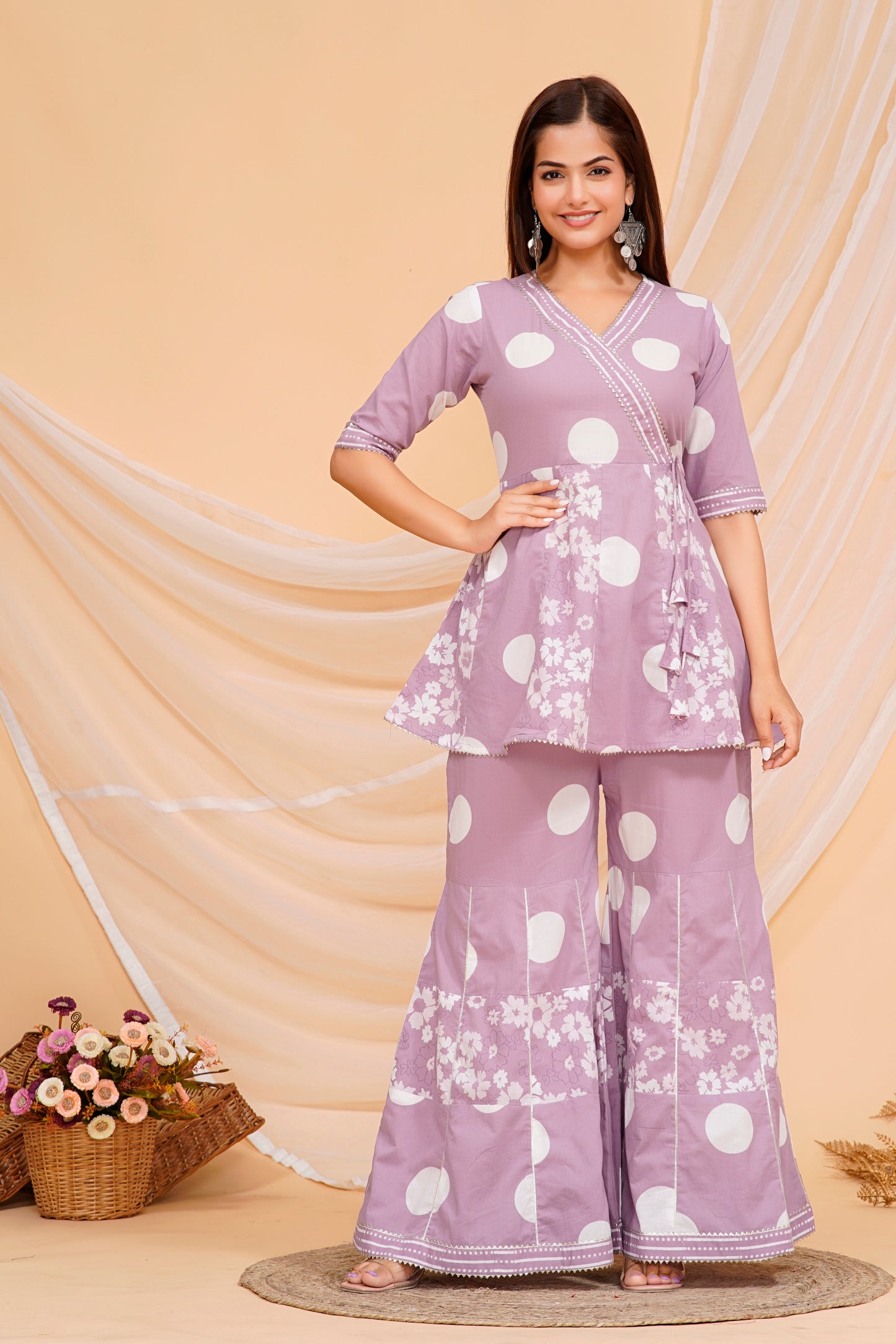 Elegant Purple Cotton Kurta Set with Playful Polka Dots