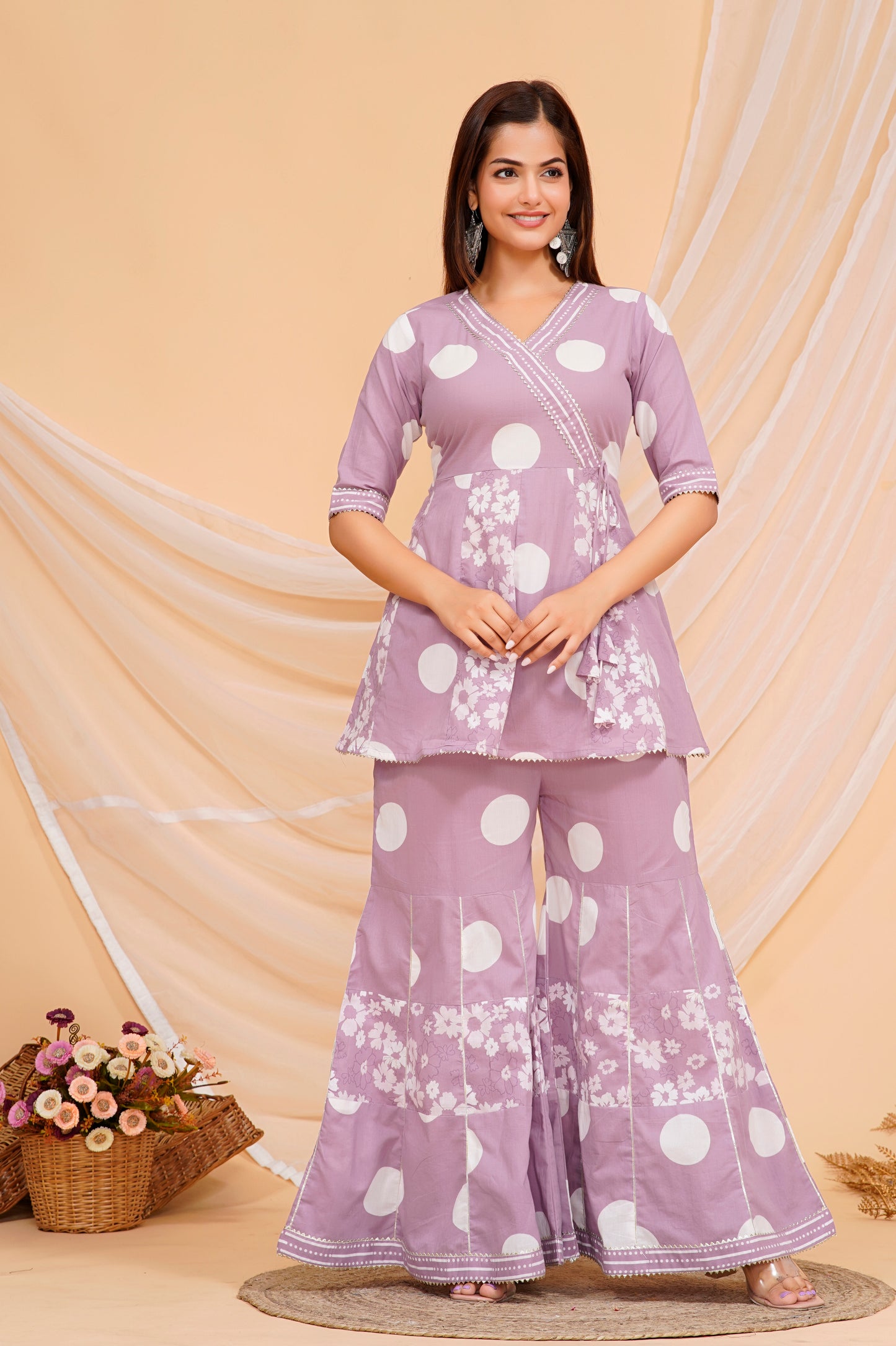 Elegant Purple Cotton Kurta Set with Playful Polka Dots