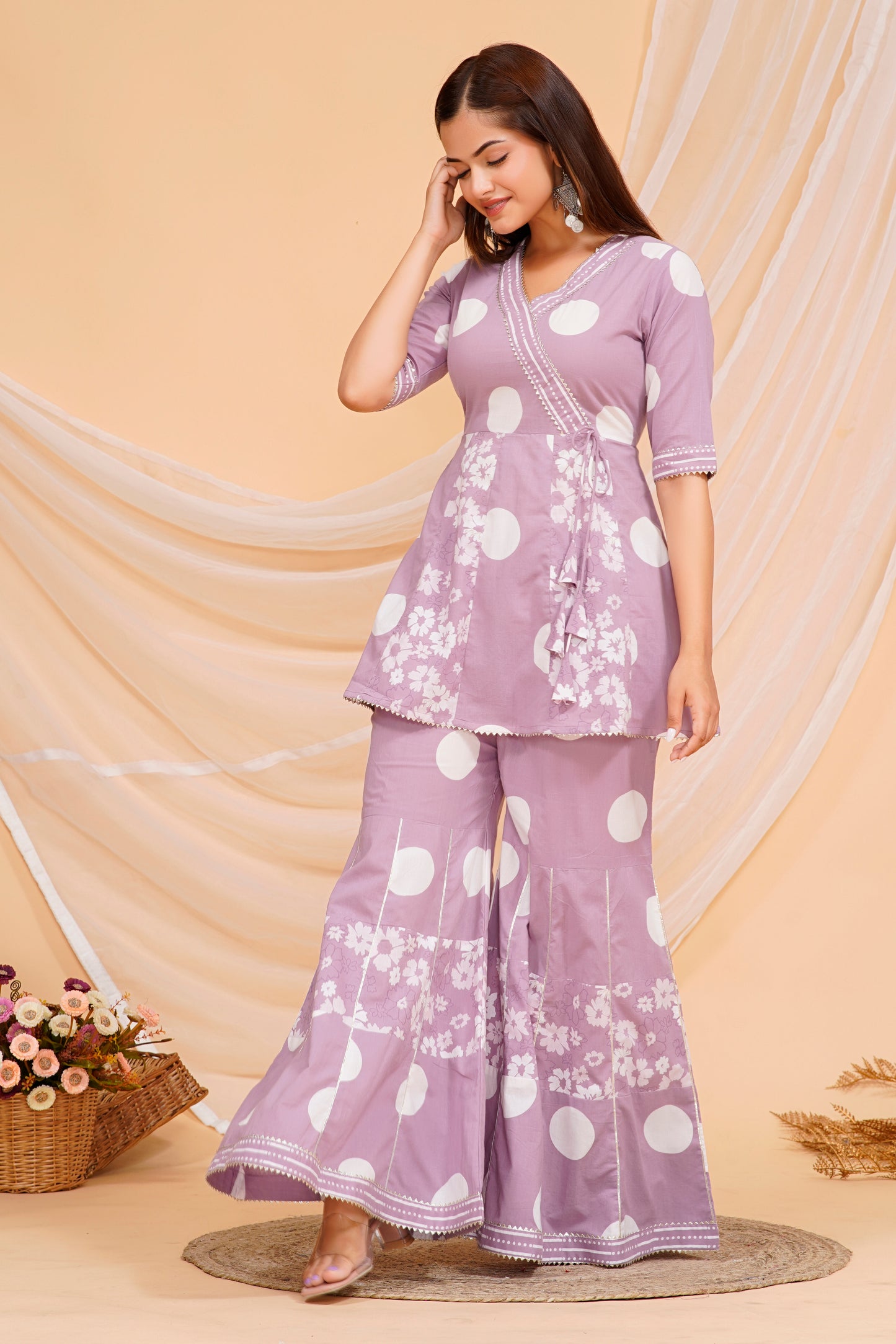 Elegant Purple Cotton Kurta Set with Playful Polka Dots
