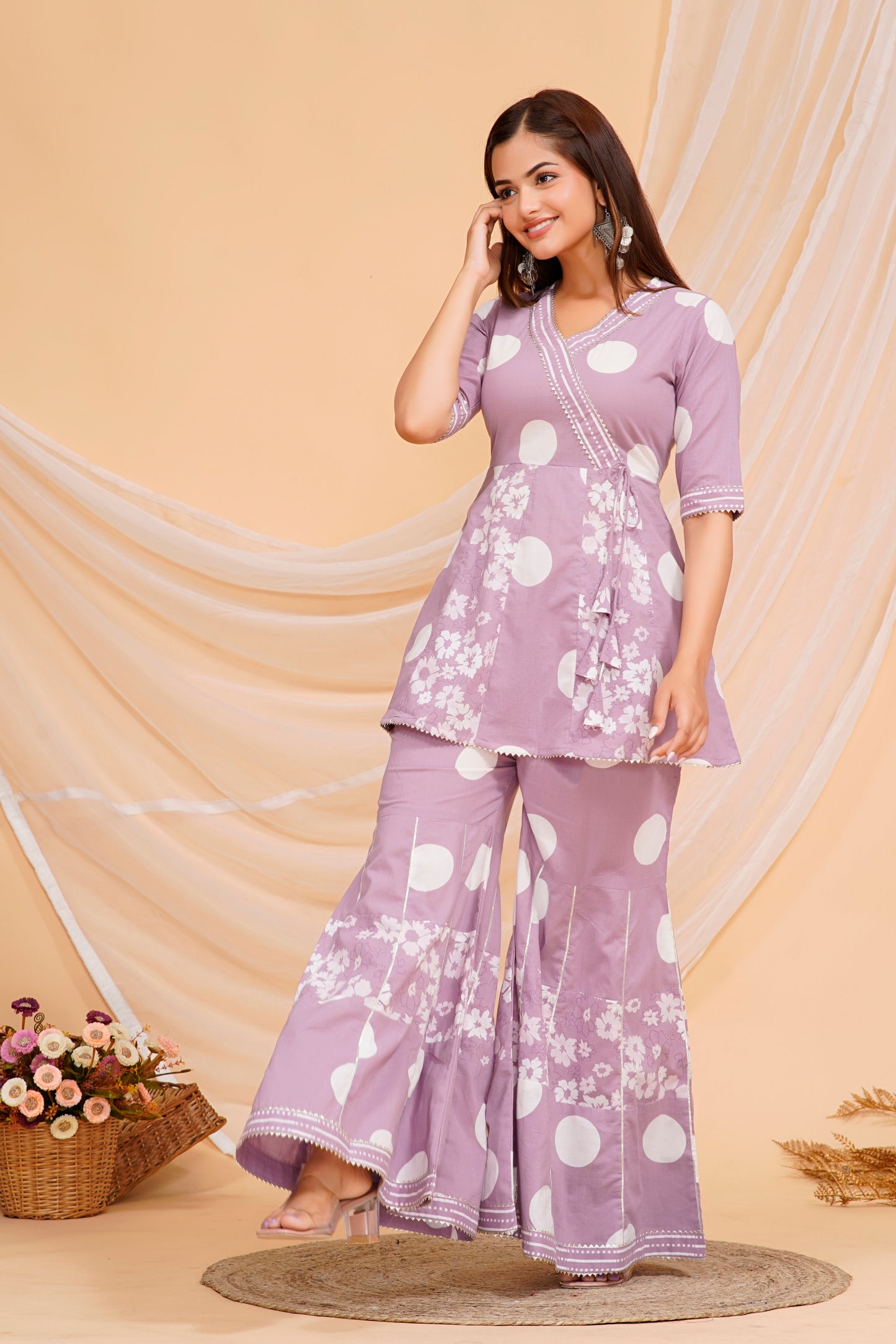 Elegant Purple Cotton Kurta Set with Playful Polka Dots