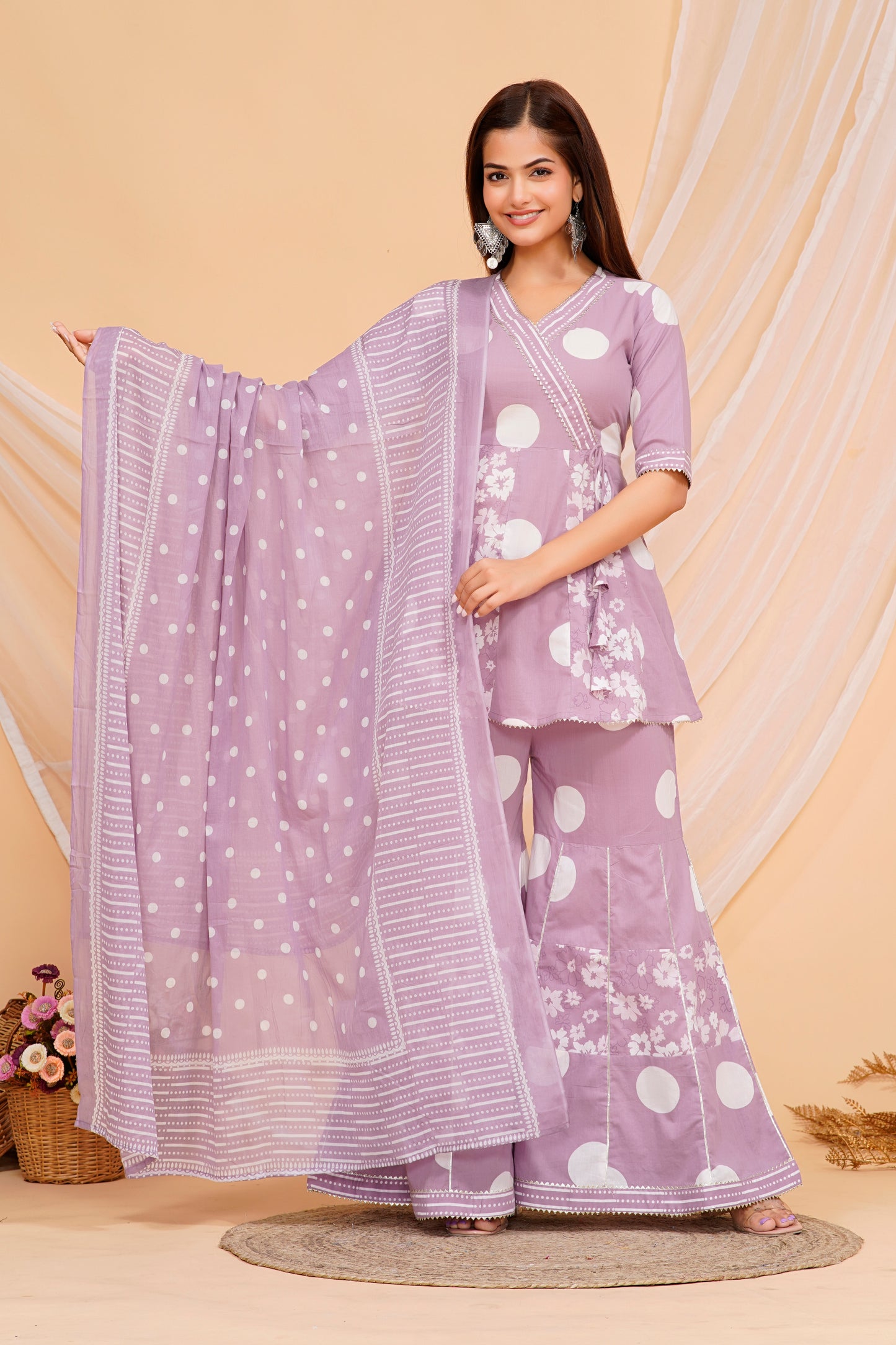 Elegant Purple Cotton Kurta Set with Playful Polka Dots